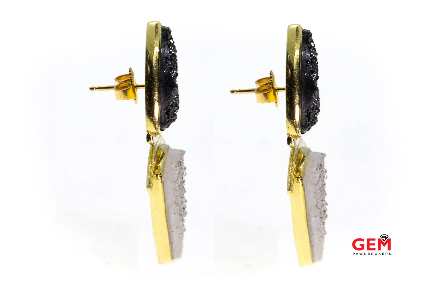 Ilene Schwartz Titanium Druzy Stone Large Stud Earrings 18k 750 Yellow Gold - Image 4