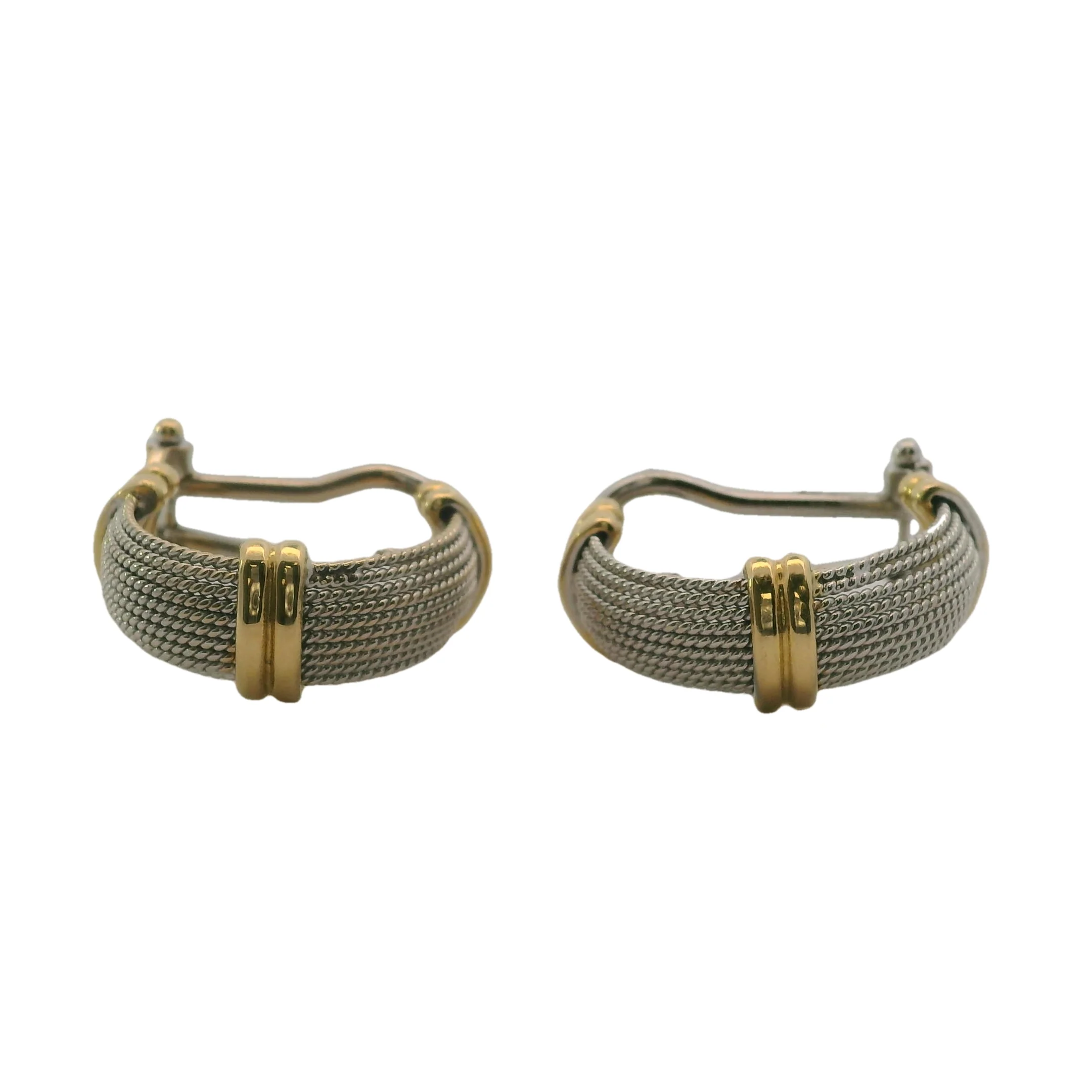 Italian 18kt Yellow and White Gold Twisted Rope Pierced Huggie Hoop Omega-Back Earrings - Image 3