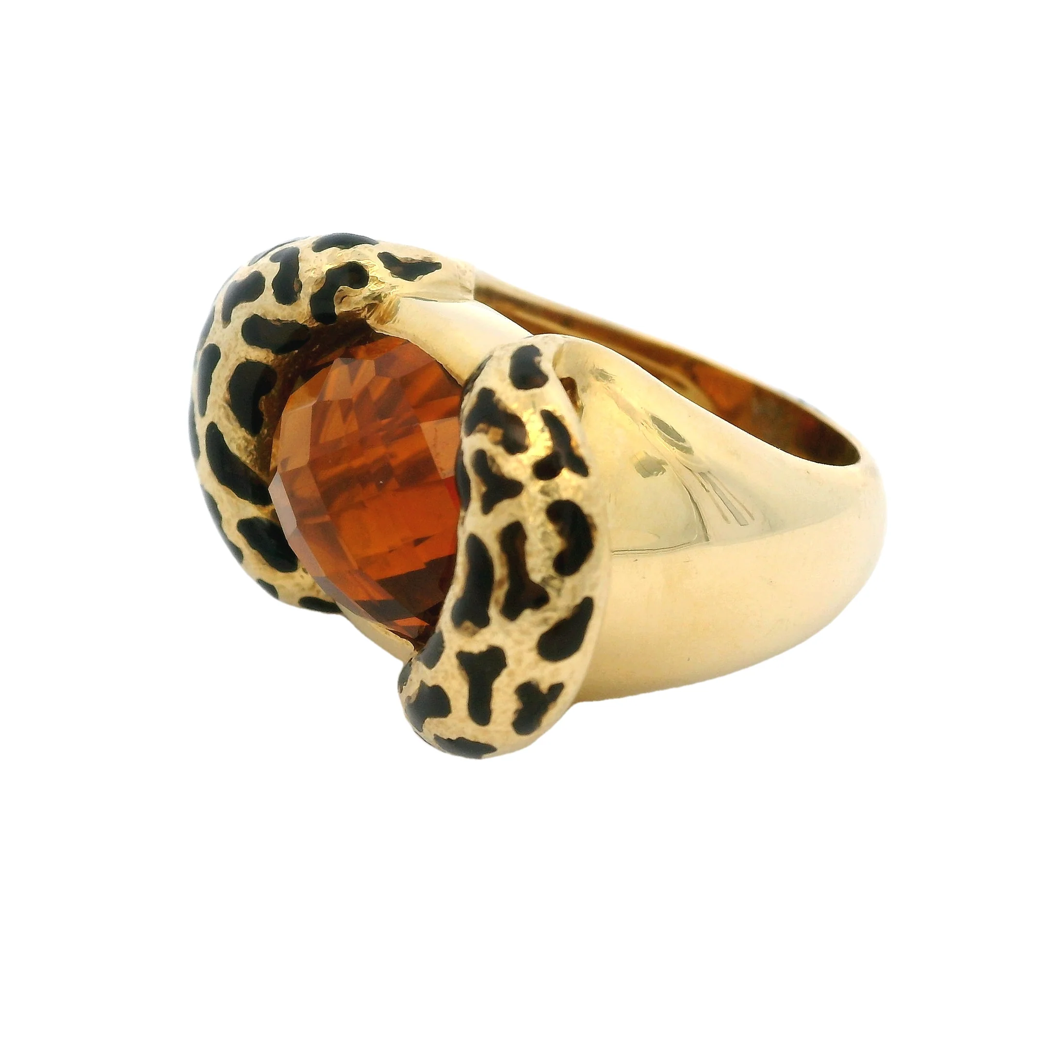 Italian 18kt Yellow Gold, Citrine, and Black Enamel Leopard Print Cocktail Statement Ring Size 6 - Image 2