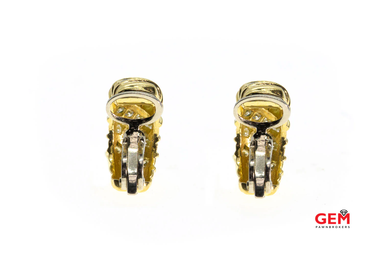 Italian Diamond Cluster Clip On Solid 18K 750 Yellow & White Gold Earrings - Image 2
