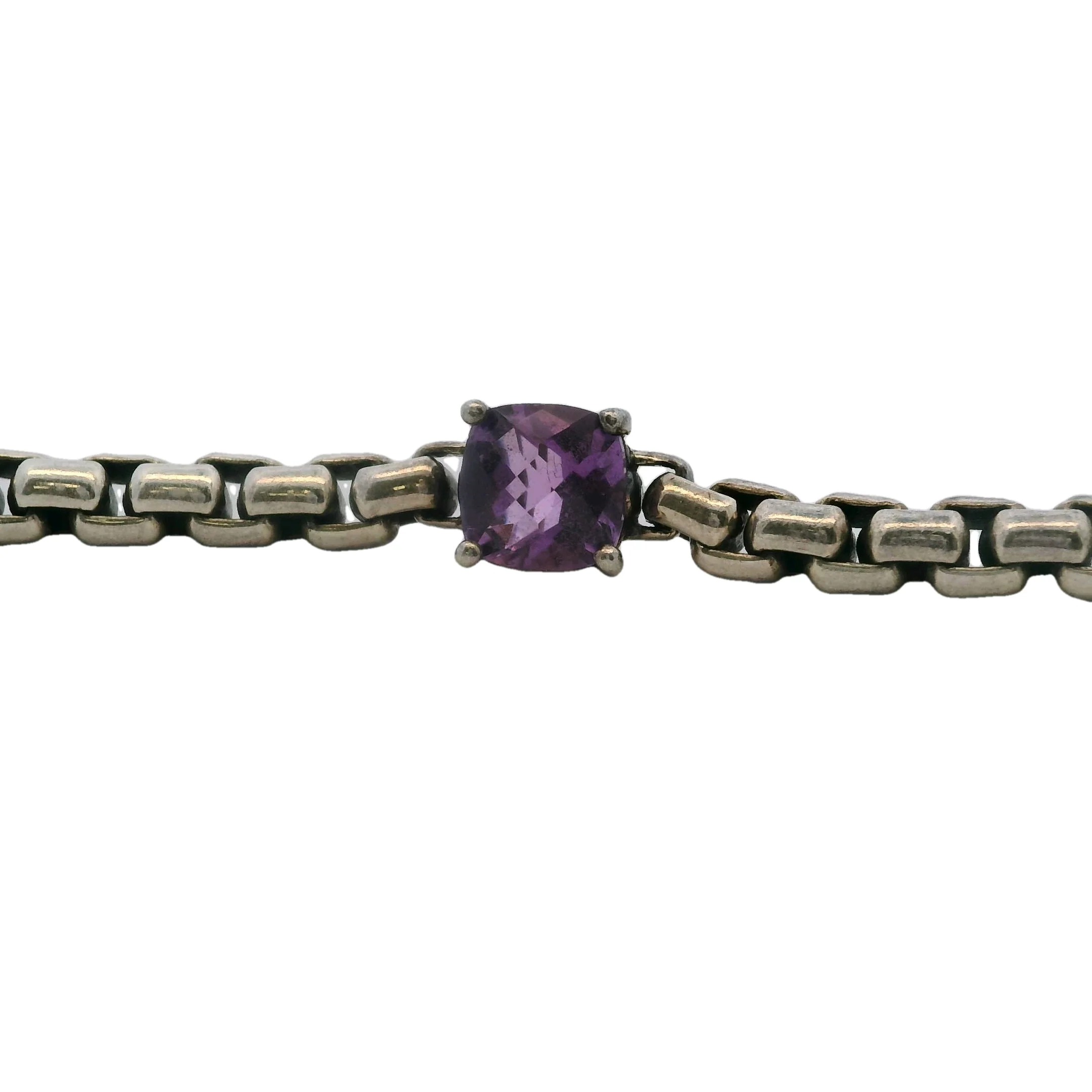 Jai 925 Sterling Silver Box Chain 8" 4 Amethyst Station Bracelet Made In Thailand - Image 4