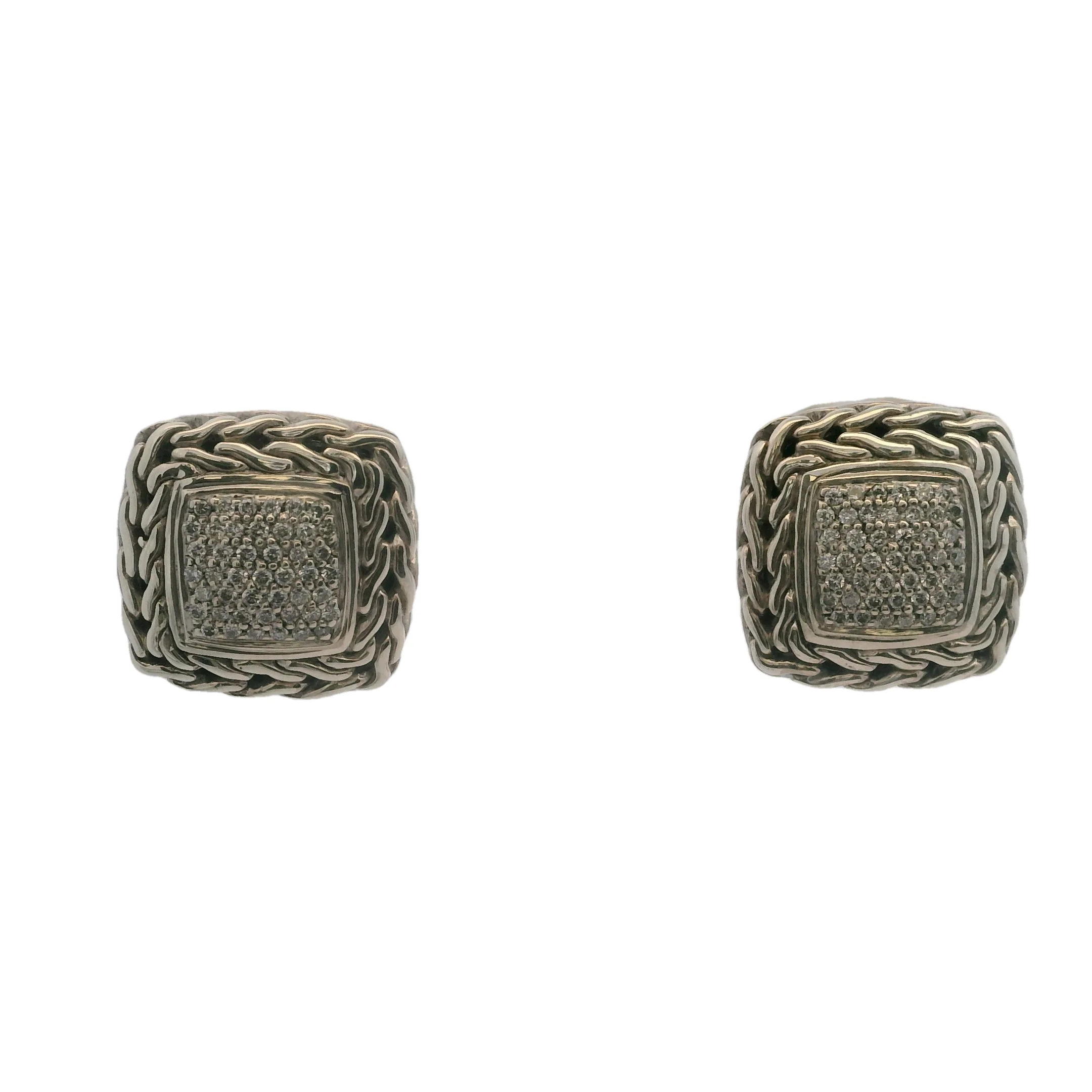 John Hardy 925 Sterling Silver/18kt Gold and Diamond Cluster Classic Square Chain Earrings - Image 3