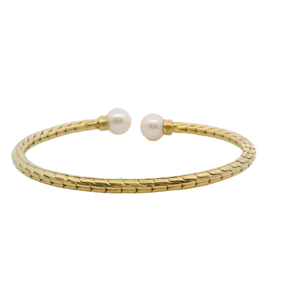 John Hardy Solid 18kt Yellow Gold 8.6mm Pearl and Diamond 7.25" Cuff Bracelet - Image 2