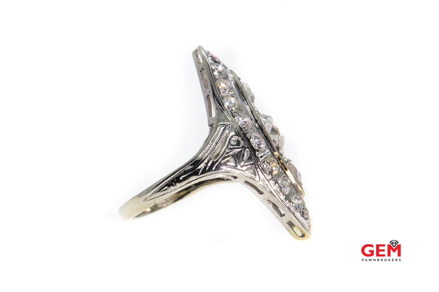 Antique Art Deco Diamond Cocktail Navette Ring 18kt White Gold 750 Size 6 - Image 2