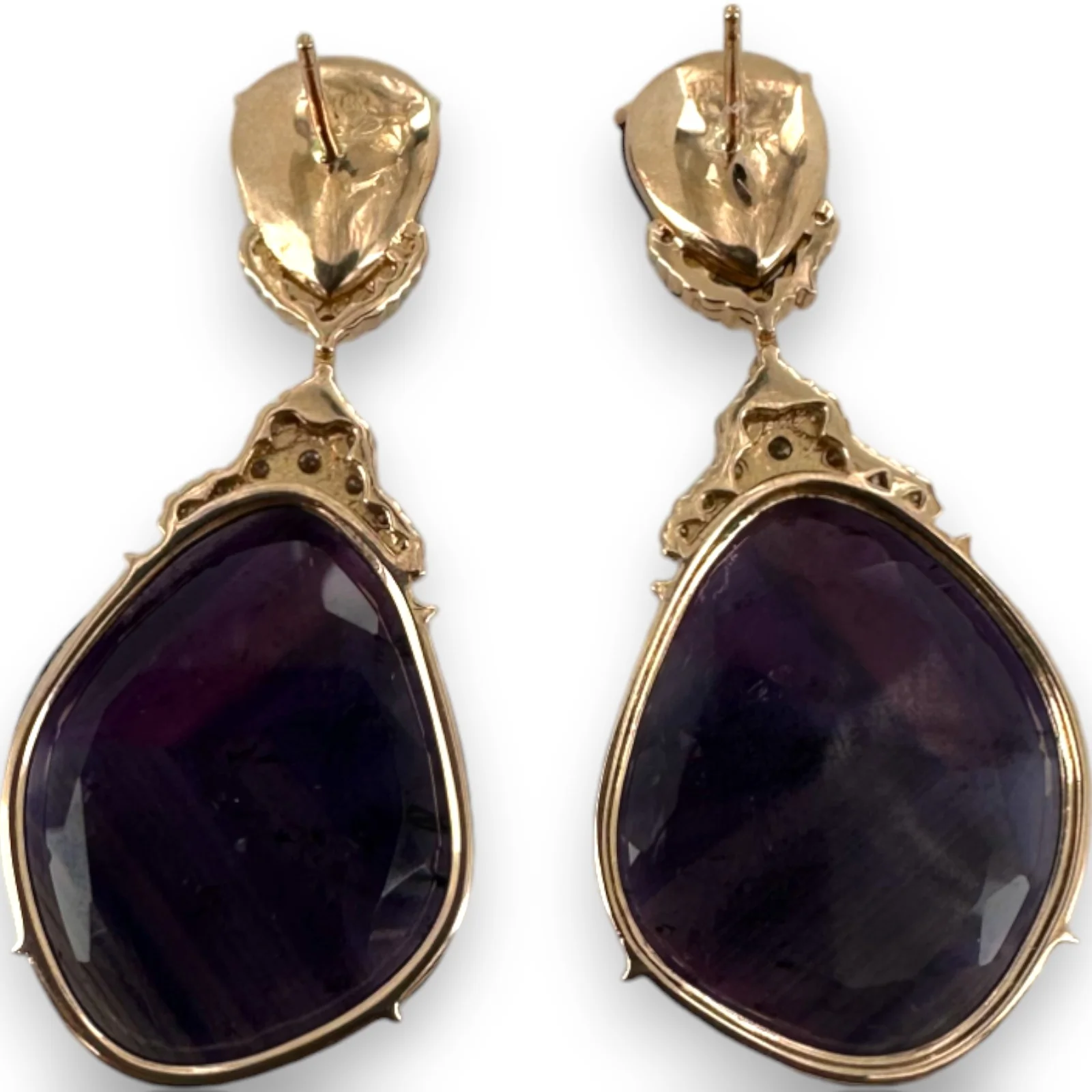 JRG Unique Solid 18kt Rose Gold Thin-Sliced Amethyst and Diamond 1.8" Long Drop/Dangle Earrings - Image 3