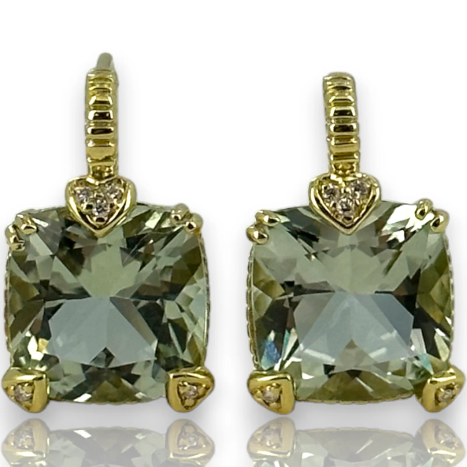 Judith Ripka 18KT 750 Yellow Gold Diamond Green Quartz Drop Earrings - Image 2