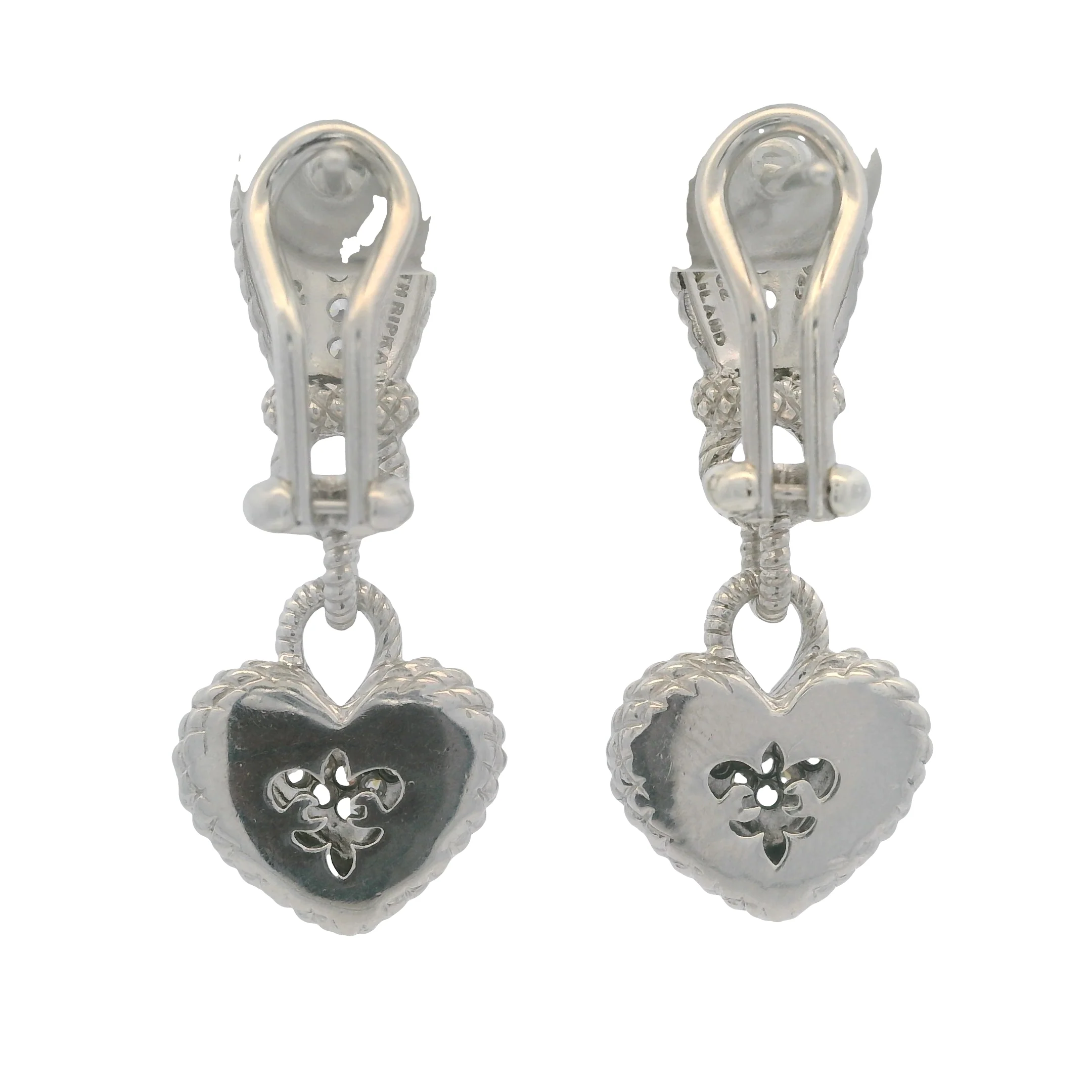 Judith Ripka Solid 925 Sterling Silver and CZ Heart Cluster Drop Dangle Omega-Back Earrings - Image 2