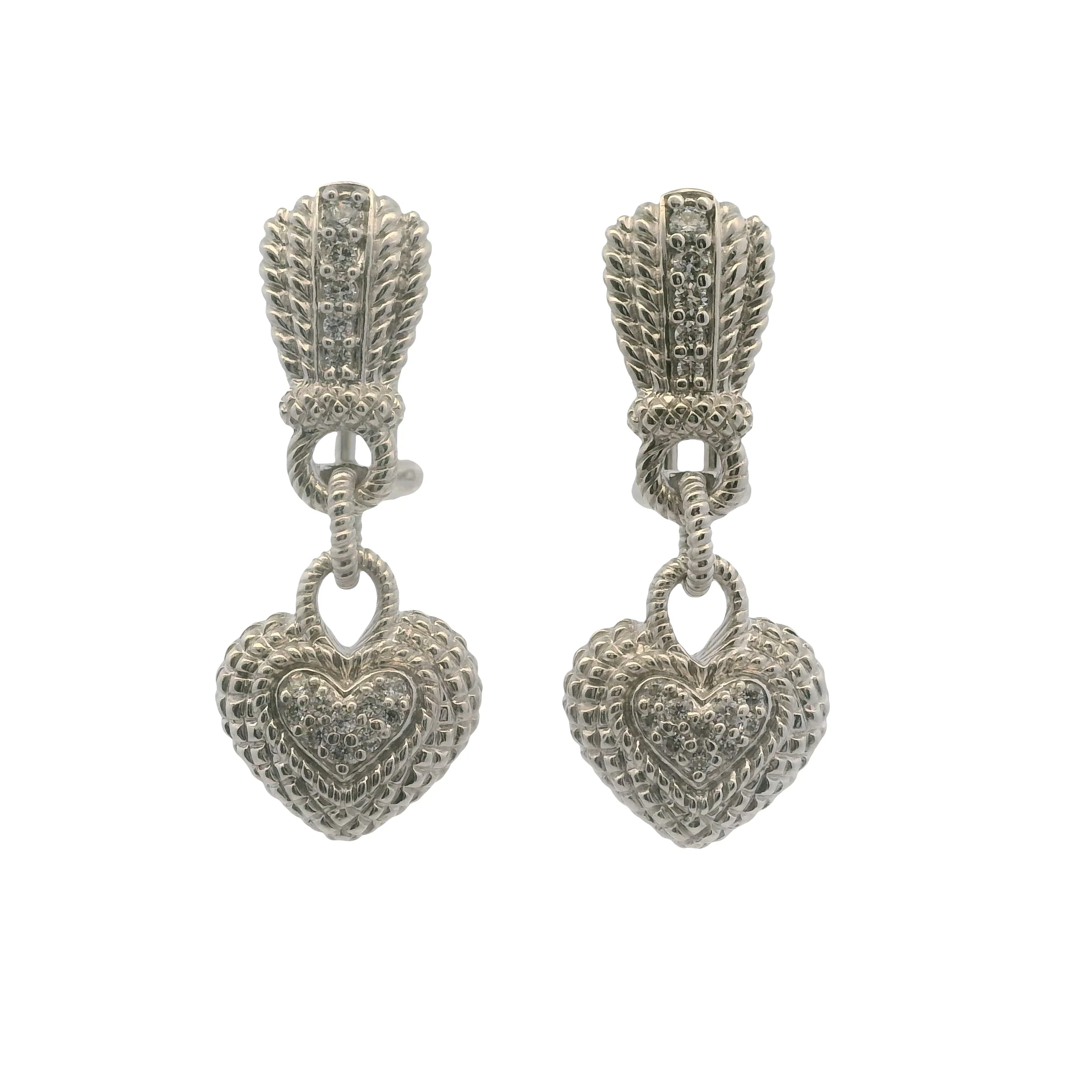 Judith Ripka Solid 925 Sterling Silver and CZ Heart Cluster Drop Dangle Omega-Back Earrings - Image 3
