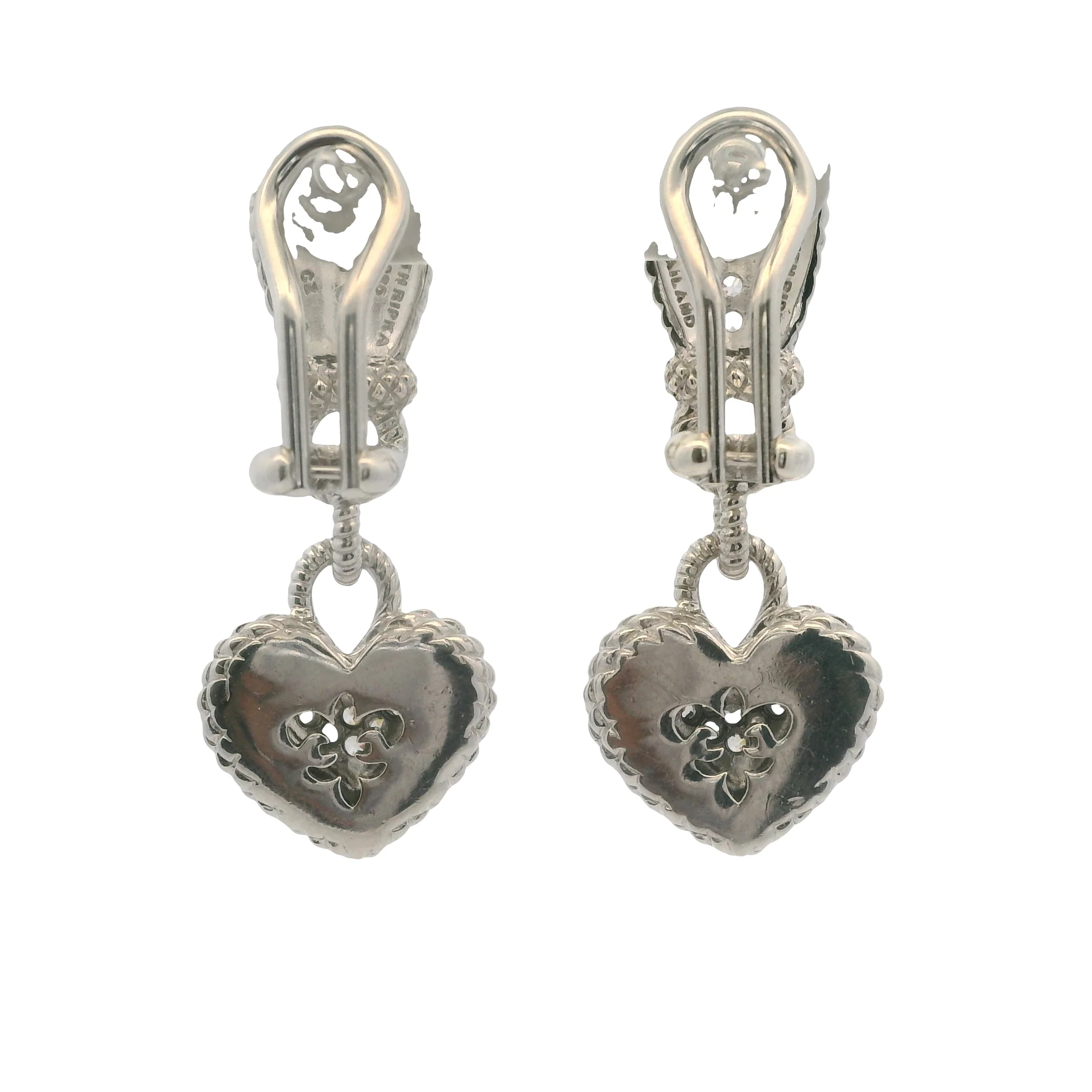 Judith Ripka Solid 925 Sterling Silver and CZ Heart Cluster Drop Dangle Omega-Back Earrings - Image 4