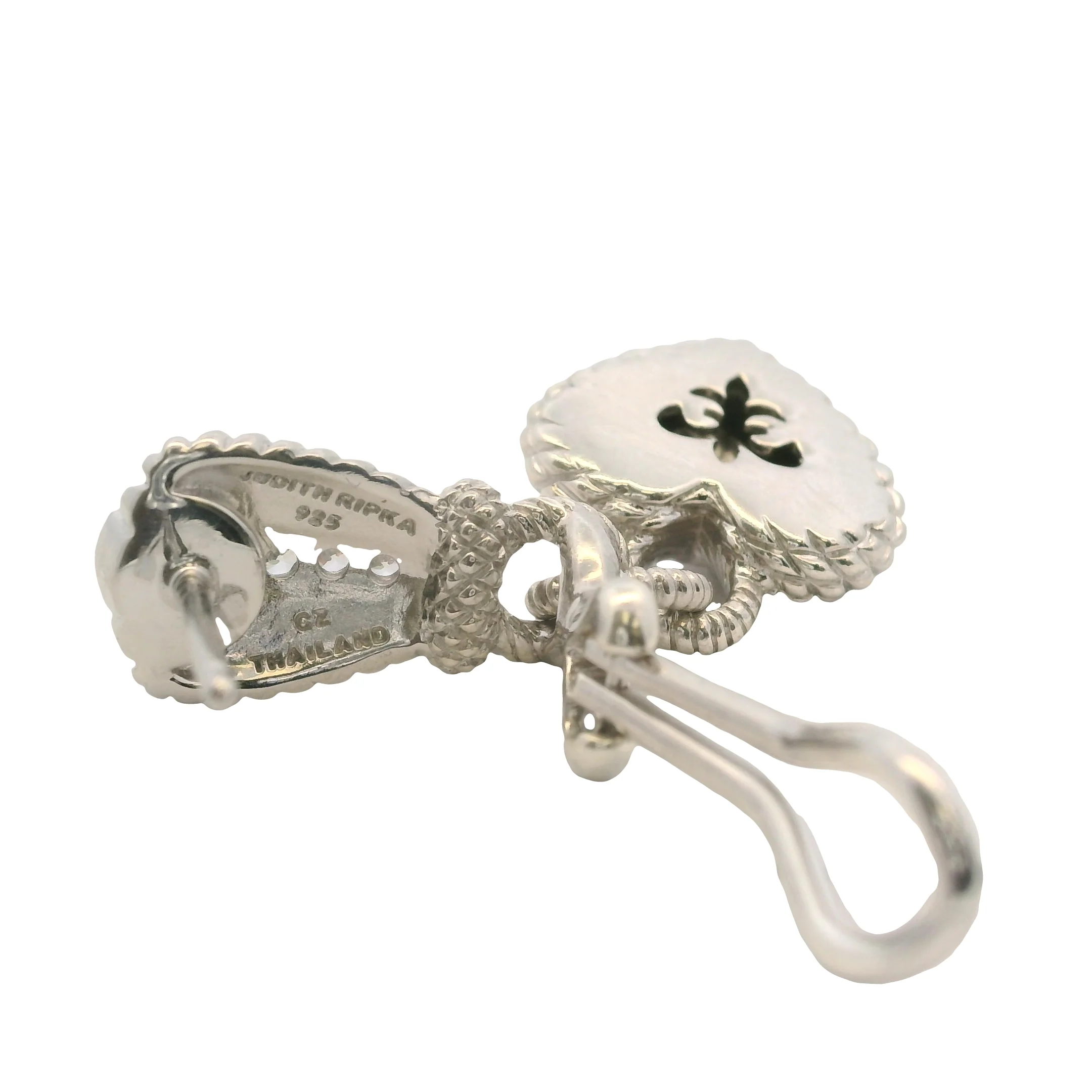 Judith Ripka Solid 925 Sterling Silver and CZ Heart Cluster Drop Dangle Omega-Back Earrings - Image 5