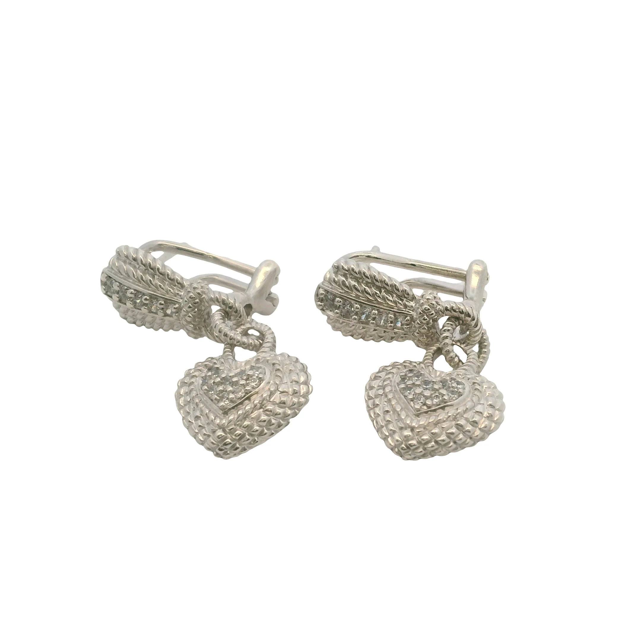 Judith Ripka Solid 925 Sterling Silver and CZ Heart Cluster Drop Dangle Omega-Back Earrings - Image 6
