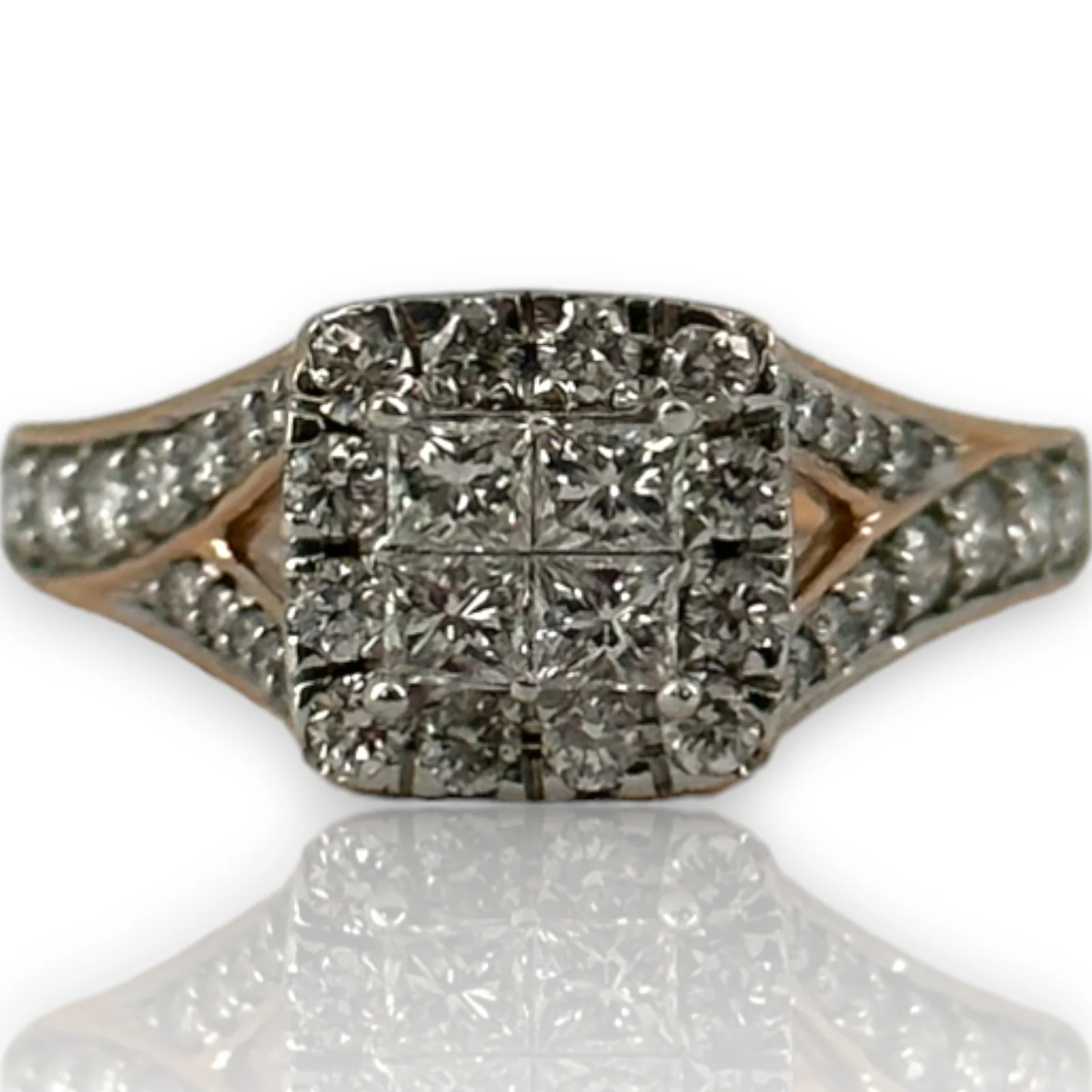 KALLATI Jewelry Solid 14kt Rose Gold Princess Cut Diamond Cluster Ring with Round Cut Diamond Halo Wedding Engagement Size 6.5