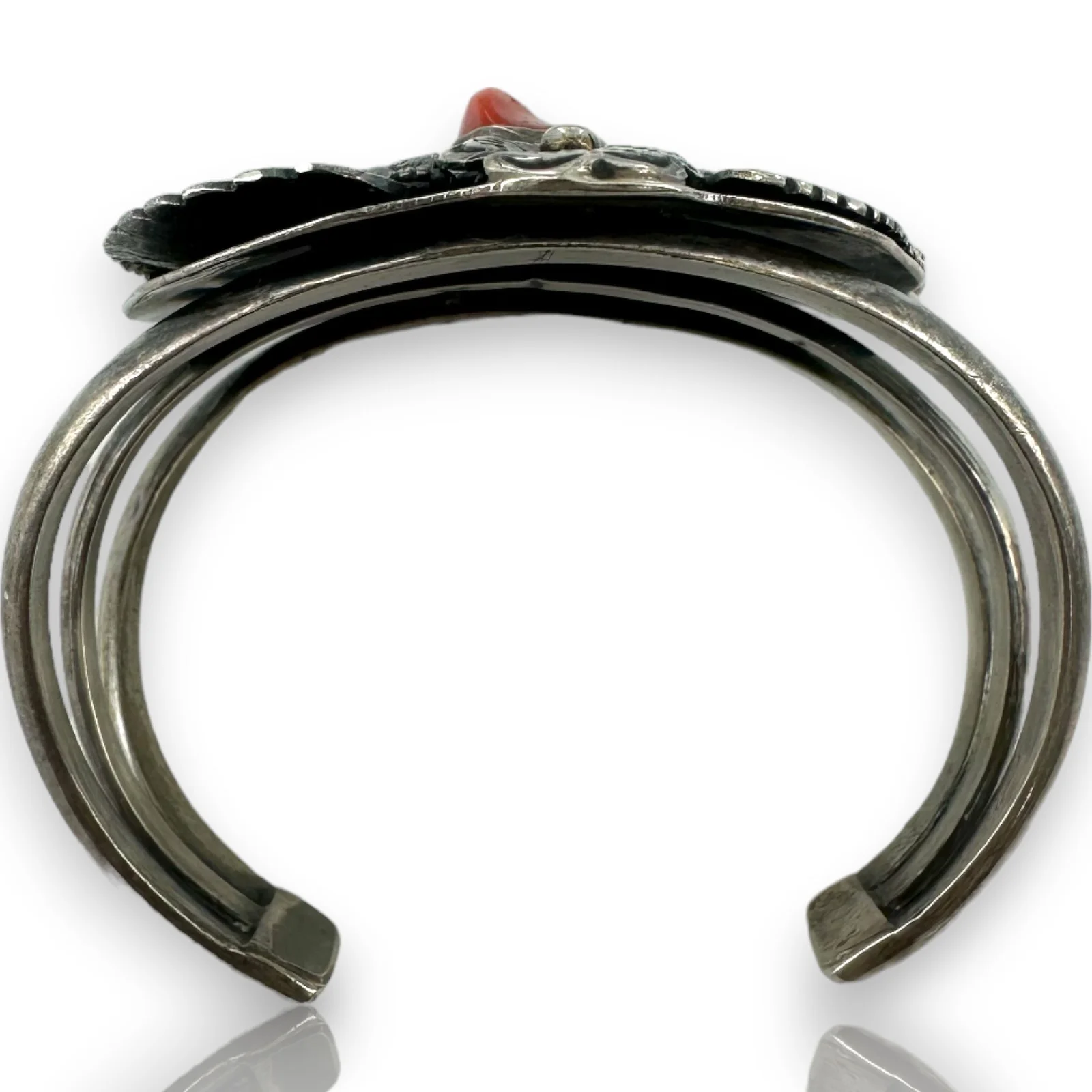 Kelvis Josh Navajo Native American 925 Sterling Silver Large Cuff Bracelet with Natural Pyrite-Included Turquoise and Coral - Image 6