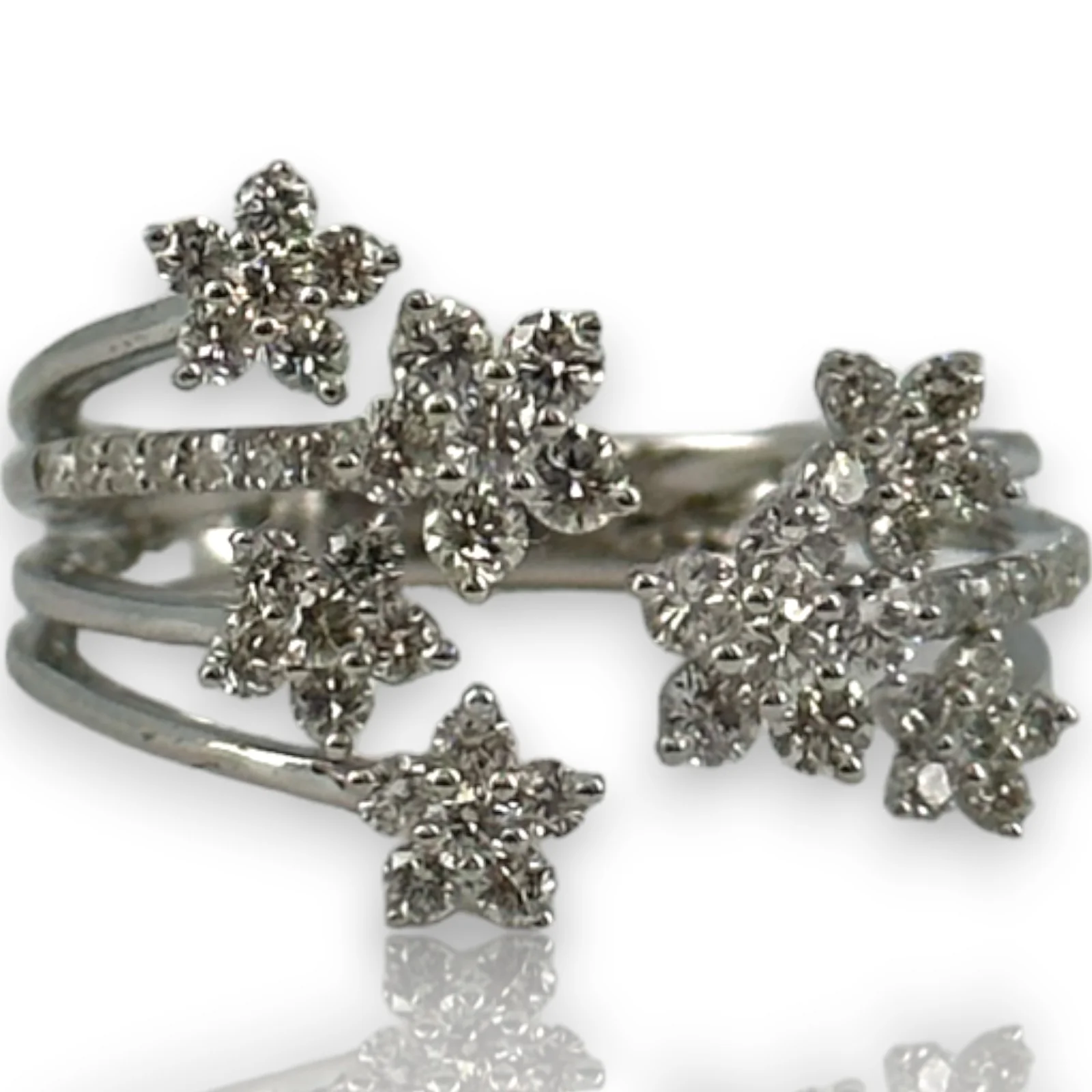 LALI Jewels Solid 14kt White Gold Rhodium Plated Open Wrap Ring with 0.75ctw Diamond Flowers Size 6.5