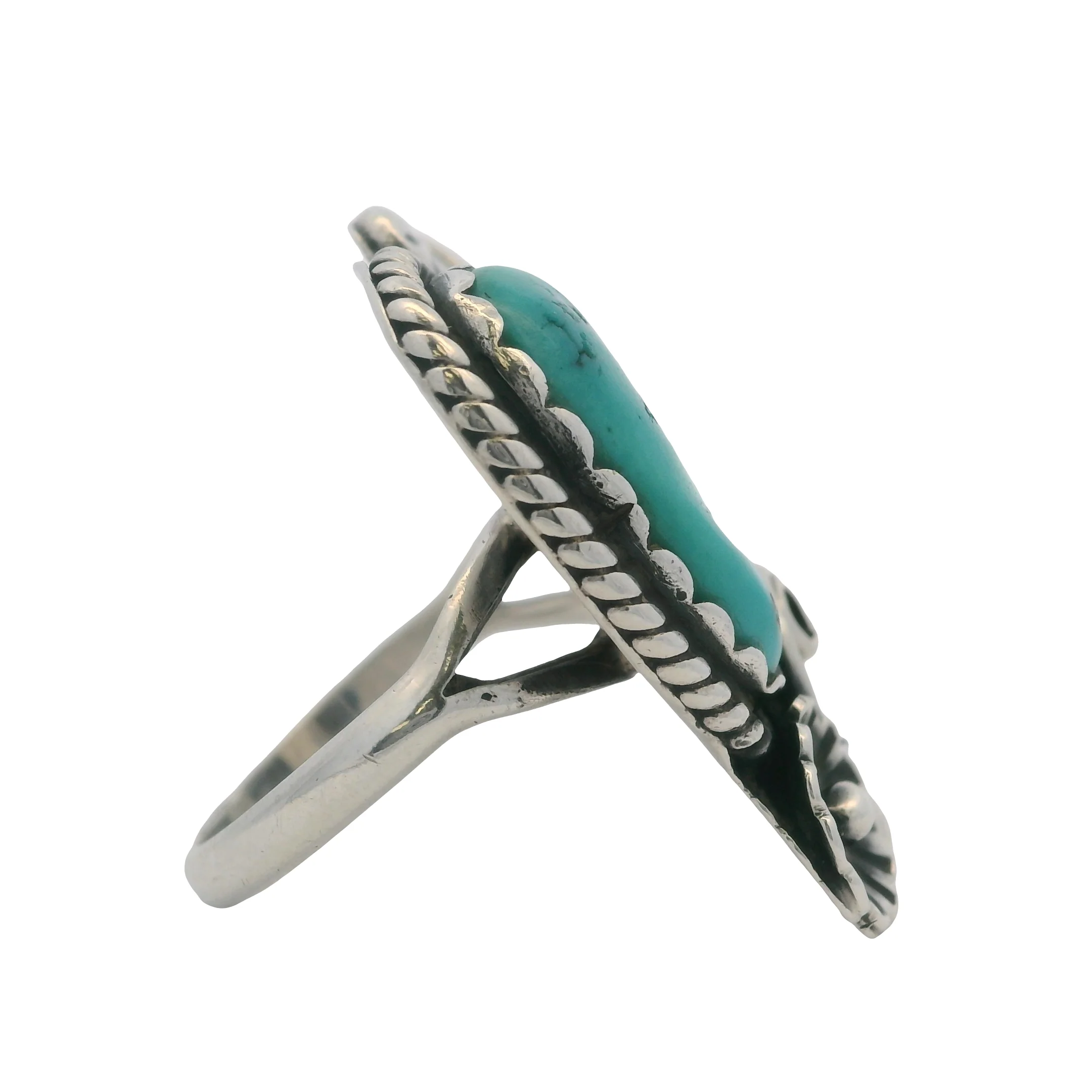 Lambert Livingston Navajo 925 Sterling Silver and Turquoise Flower and Leaf Ring Size 5 - Image 3