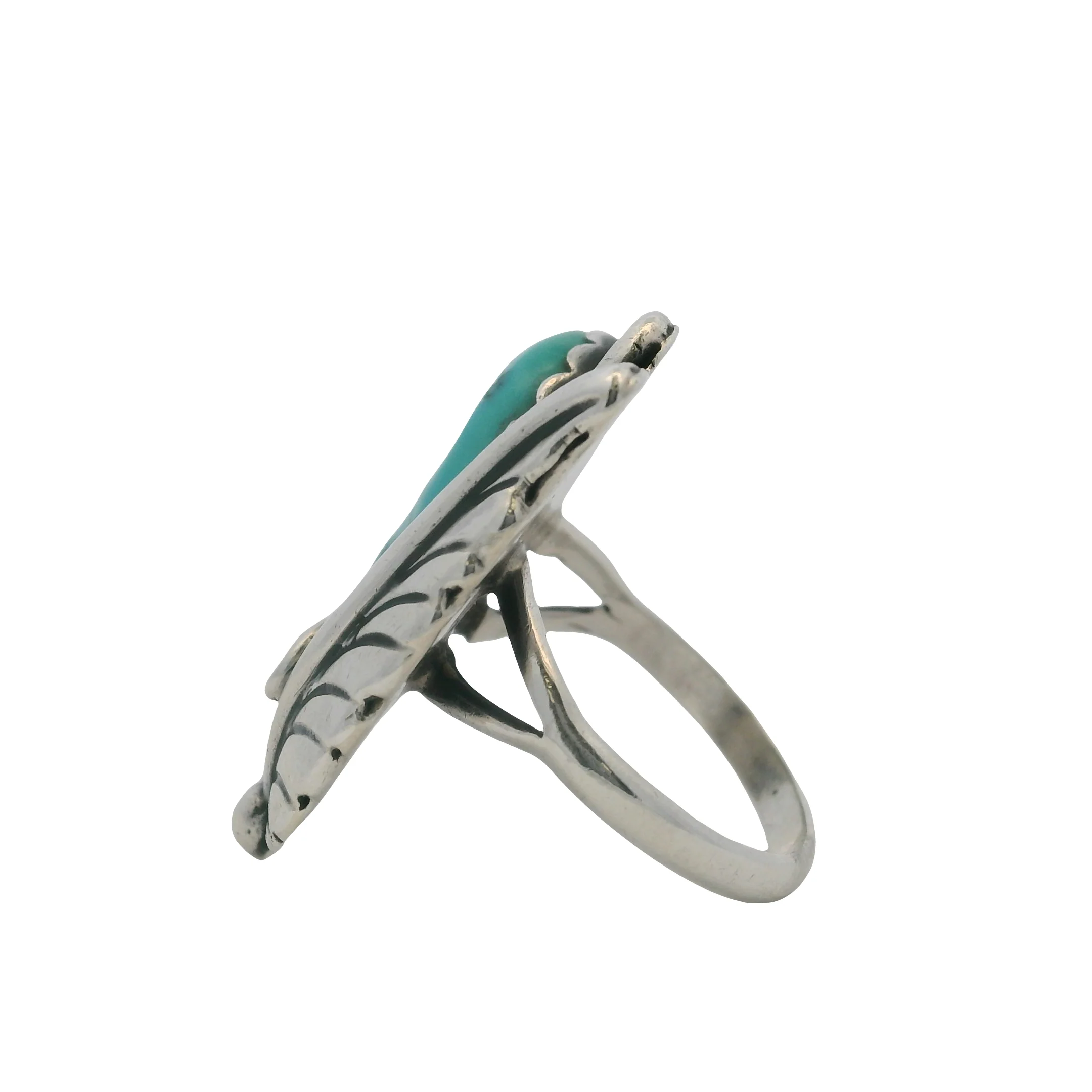 Lambert Livingston Navajo 925 Sterling Silver and Turquoise Flower and Leaf Ring Size 5 - Image 4