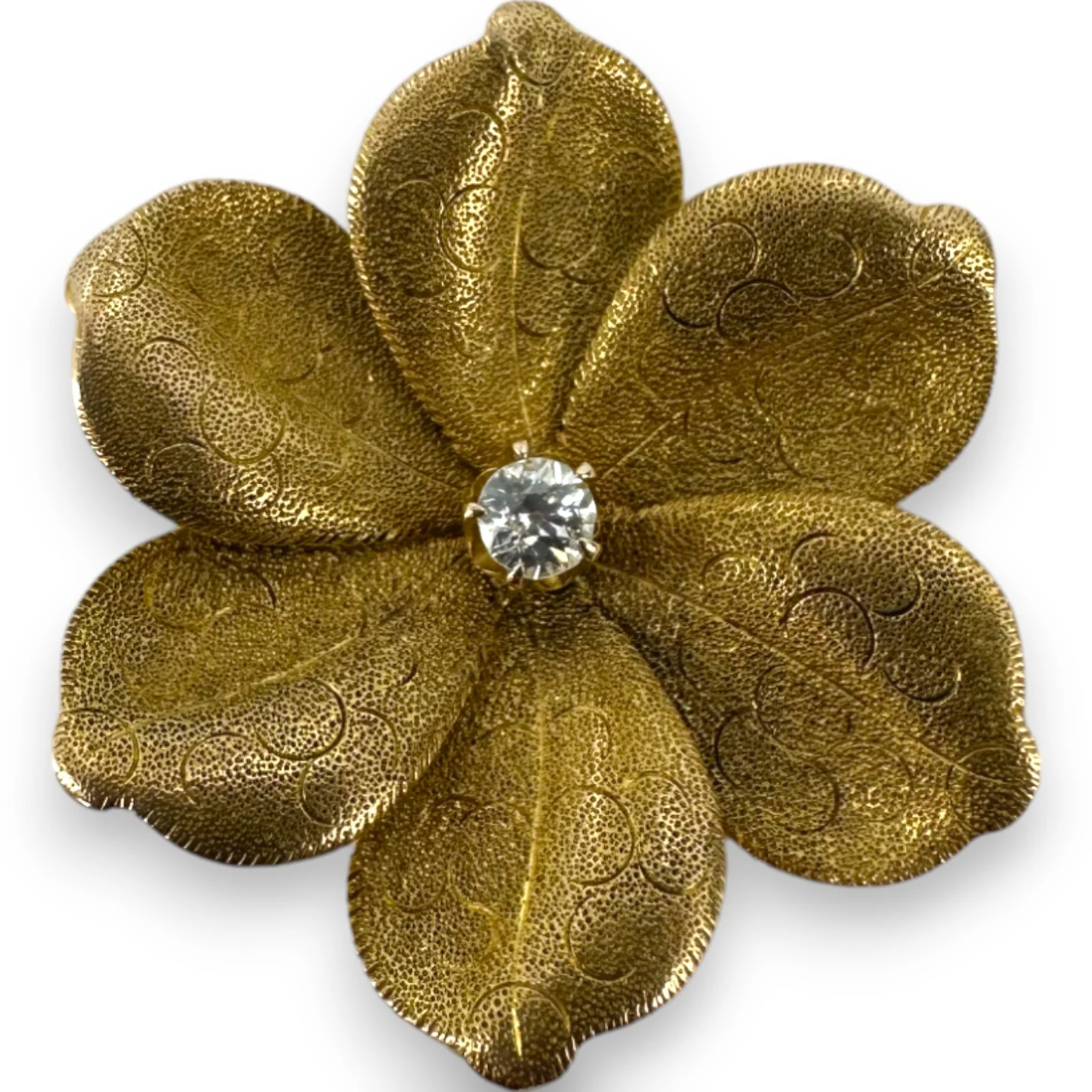 Late Victorian 1890-1900s Solid Yellow Gold 14k Flower Brooch Pin Pendant with Hinged Bale and Old European Cut Diamond Original Pinback - Image 2