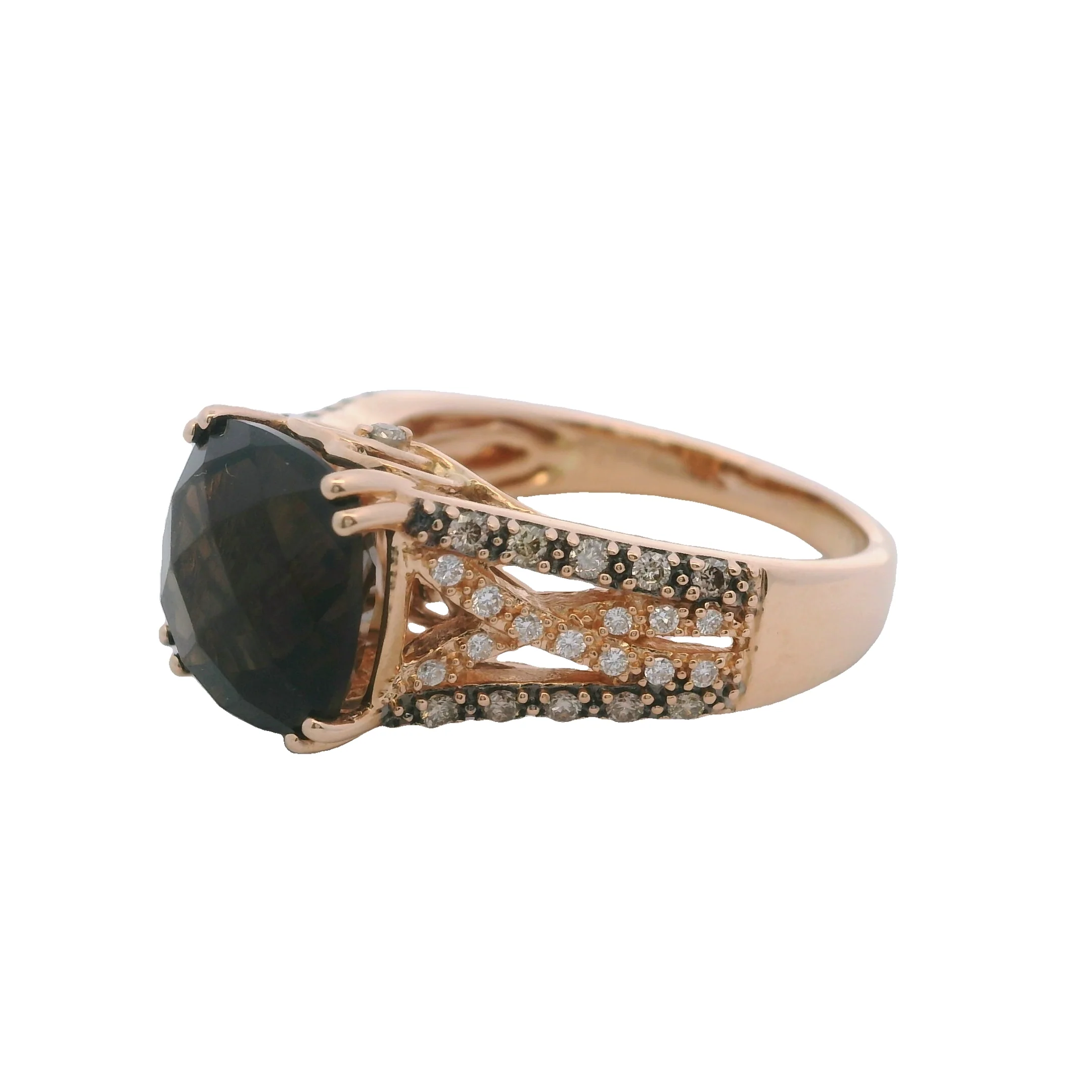 Le Vian Solid 14kt Rose Gold Checkerboard Smoky Quartz and Diamond Cocktail Ring Size 8 - Image 3