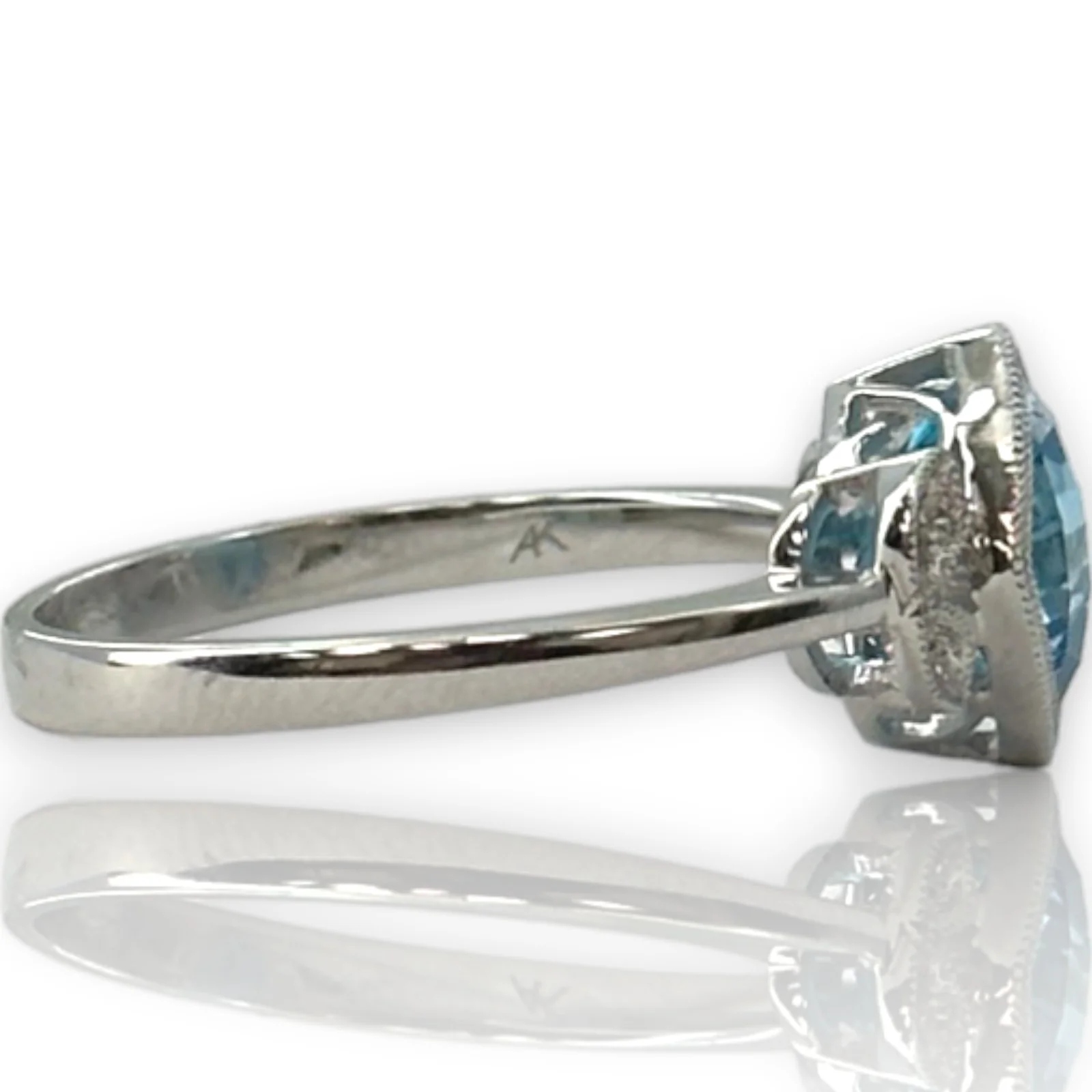 Legacy Custom Jewelers Solid 14kt White Gold and Checkerboard Cut Bezel Set Blue Topaz Ring with Diamond Leaf Milgrain Details Size 7 - Image 4