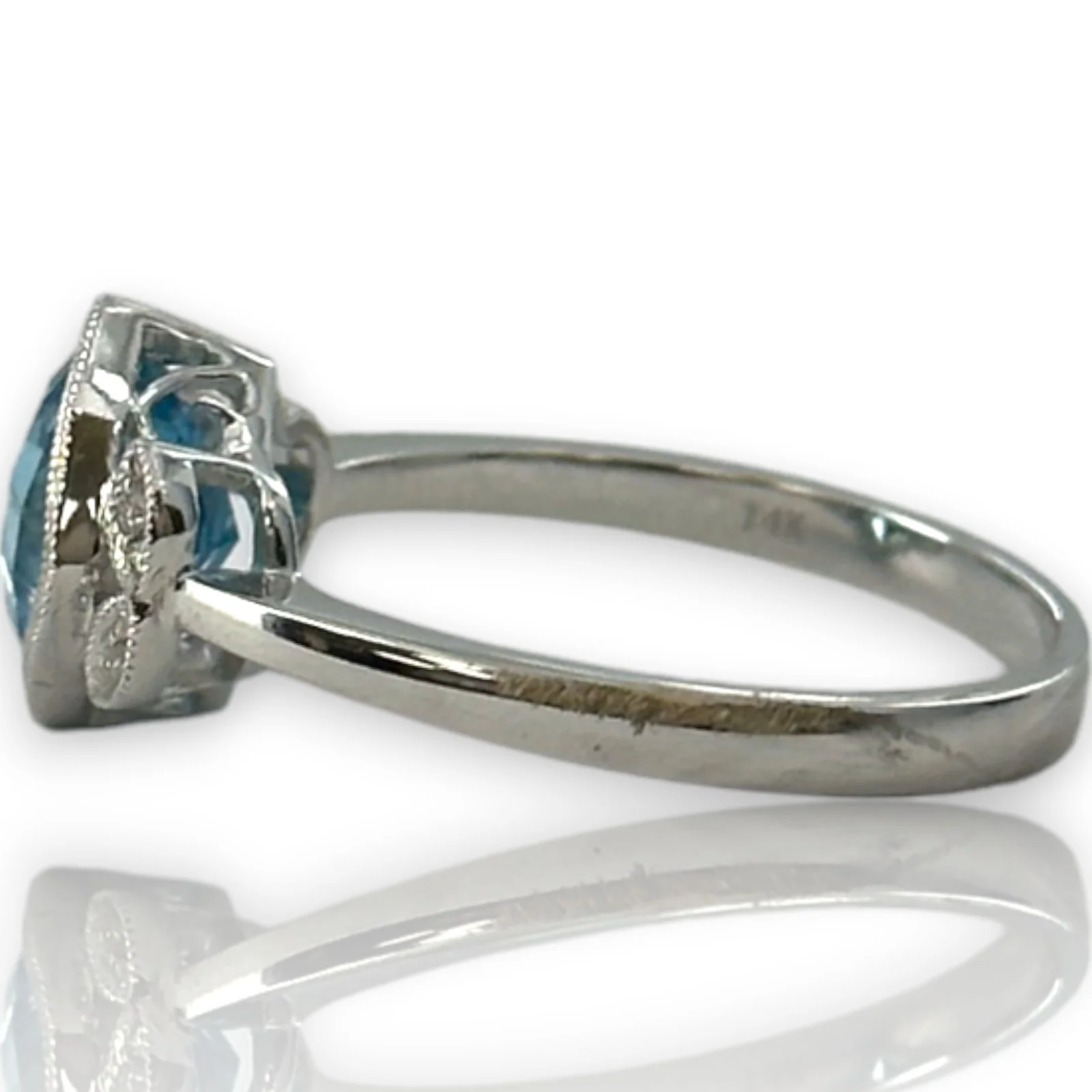 Legacy Custom Jewelers Solid 14kt White Gold and Checkerboard Cut Bezel Set Blue Topaz Ring with Diamond Leaf Milgrain Details Size 7 - Image 5