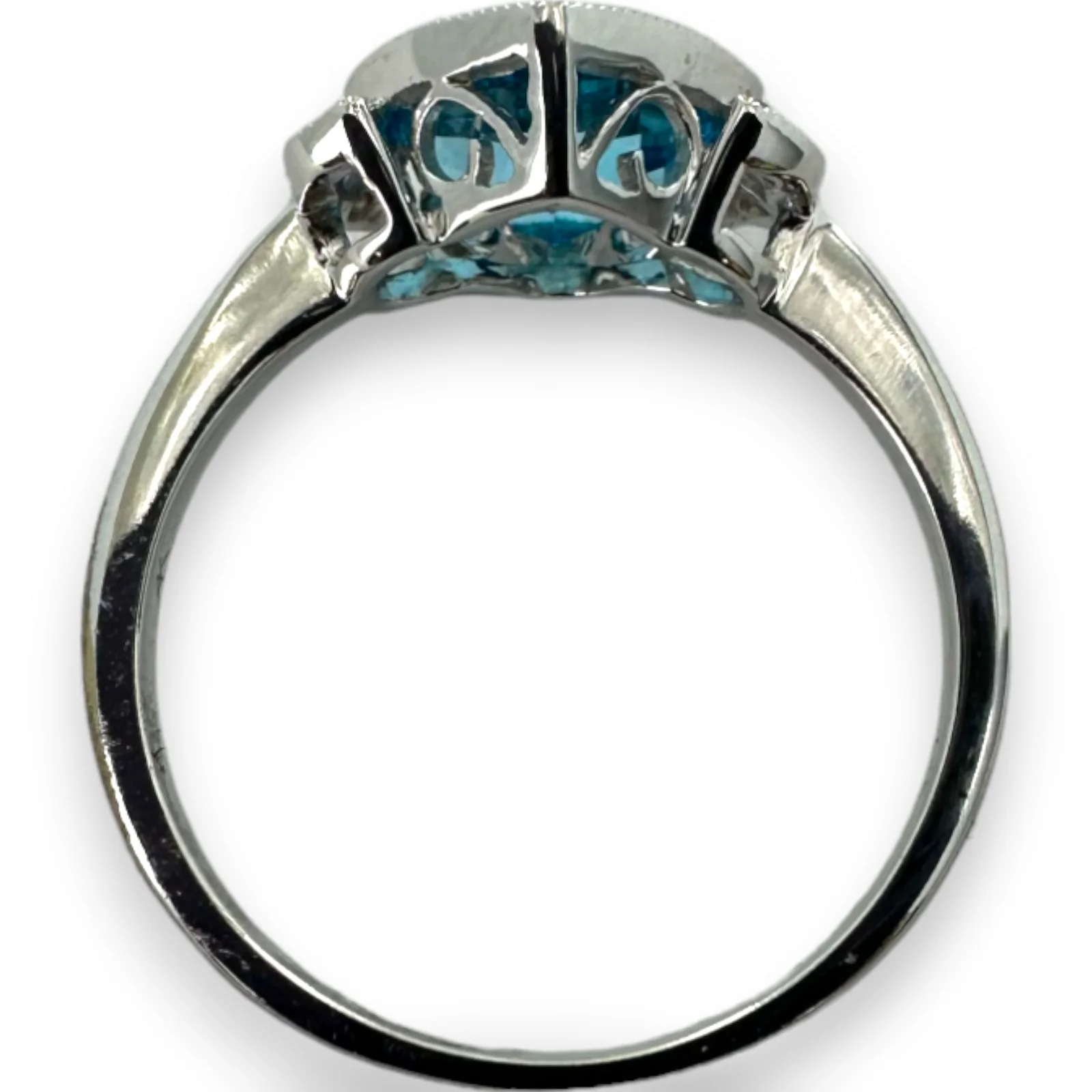 Legacy Custom Jewelers Solid 14kt White Gold and Checkerboard Cut Bezel Set Blue Topaz Ring with Diamond Leaf Milgrain Details Size 7 - Image 6