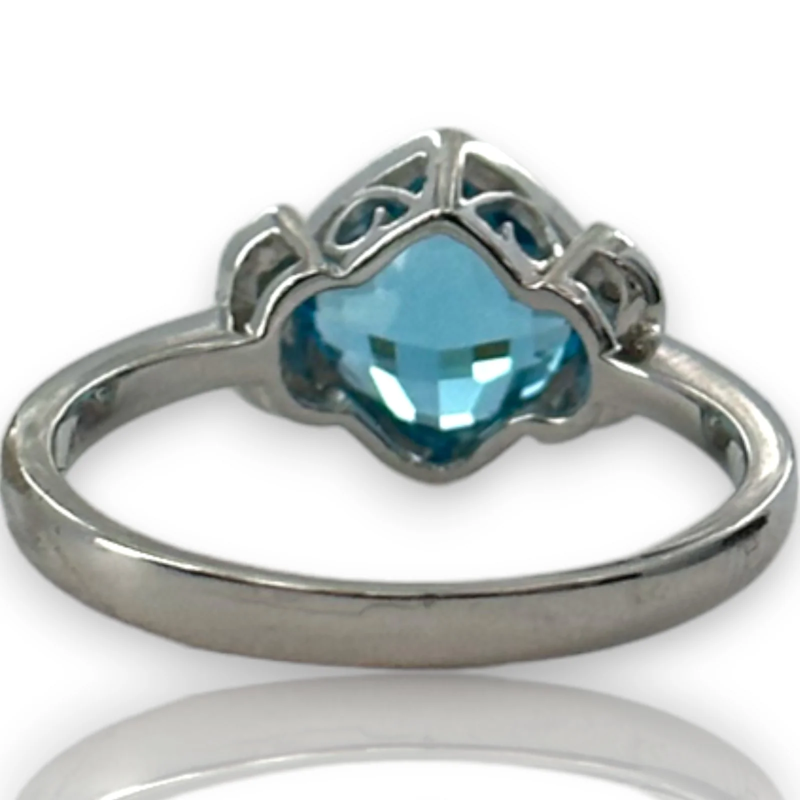 Legacy Custom Jewelers Solid 14kt White Gold and Checkerboard Cut Bezel Set Blue Topaz Ring with Diamond Leaf Milgrain Details Size 7 - Image 7