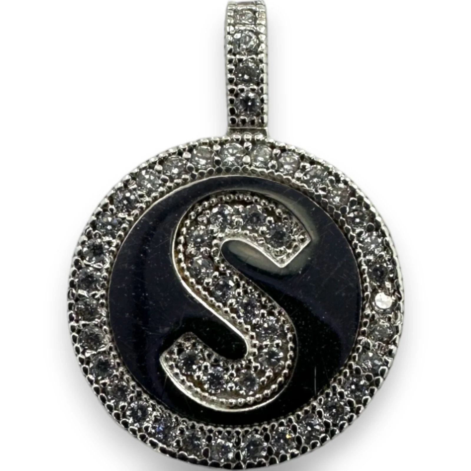 Letter "S" Cubic Zirconia Alphabet Disk Pendant Charm 14kt White Gold Rhodium Plated - Image 2