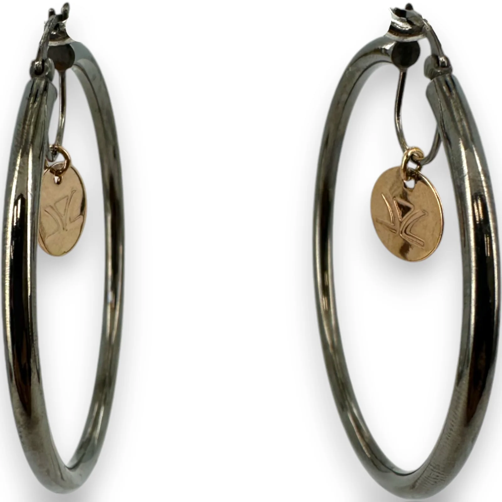 LeVian 14kt Black Gold 2-Inch Diameter Snap Closure Hoop Earrings with Rose Gold Logo Dangle Accent - Image 2