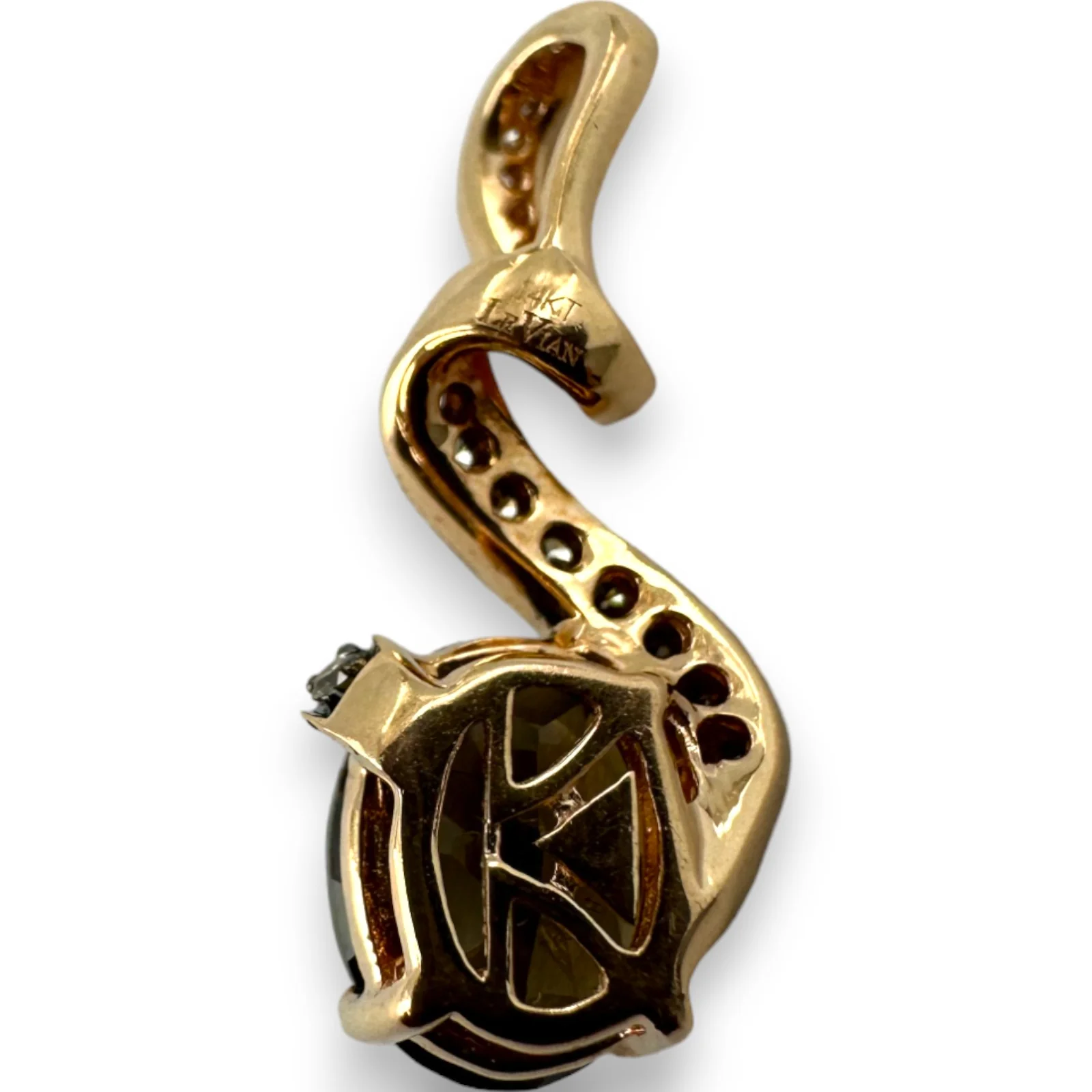 LeVian 14kt Rose Gold Smokey Quartz Chocolate and White Diamond Ribbon Pendant Charm - Image 2
