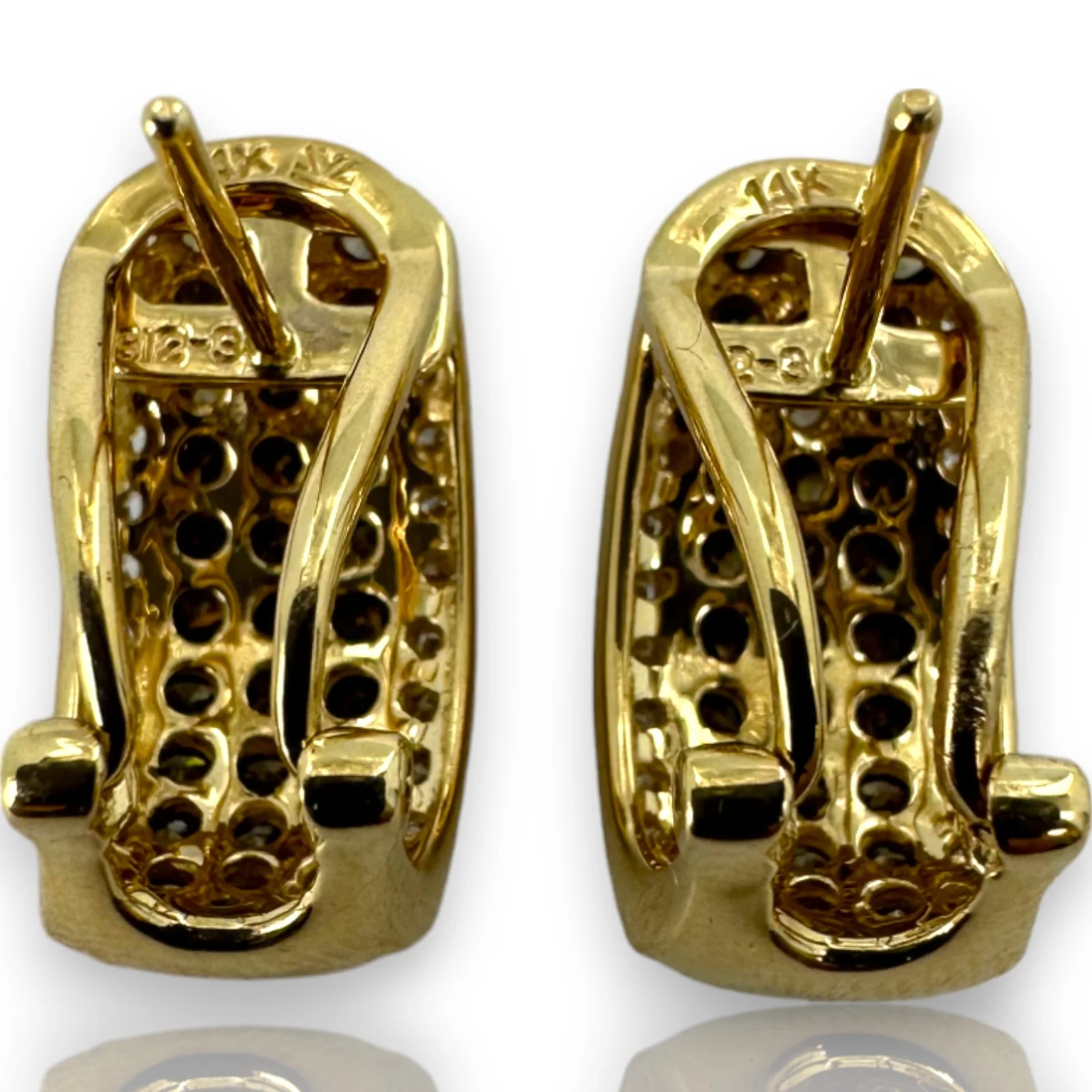 LeVian Signed 14k Yellow Gold Solid Cognac Chocolate Diamonds Accent White Diamonds Omega Back Cuff Style Stud Earrings - Image 3
