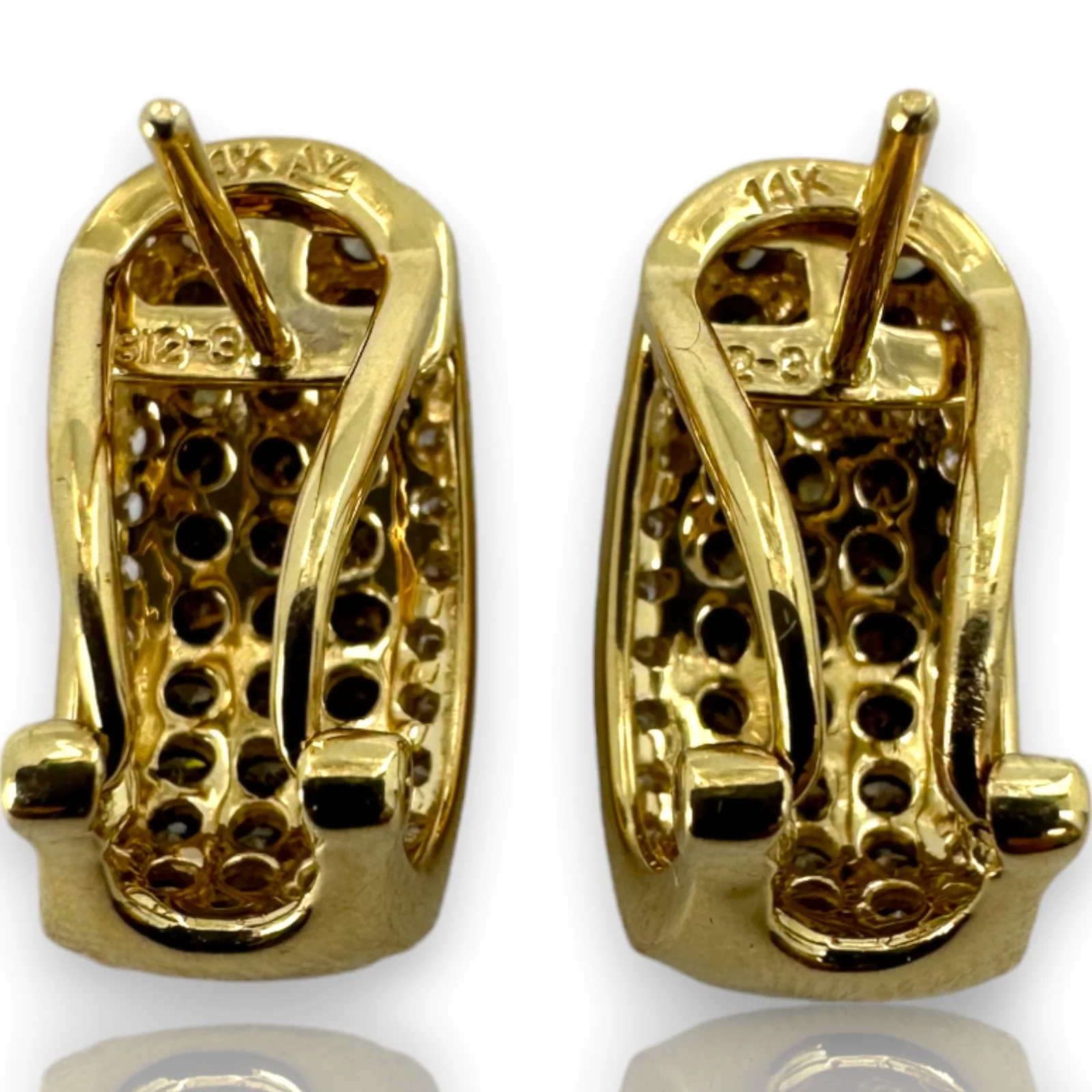 LeVian Signed 14k Yellow Gold Solid Cognac Chocolate Diamonds Accent White Diamonds Omega Back Cuff Style Stud Earrings - Image 4