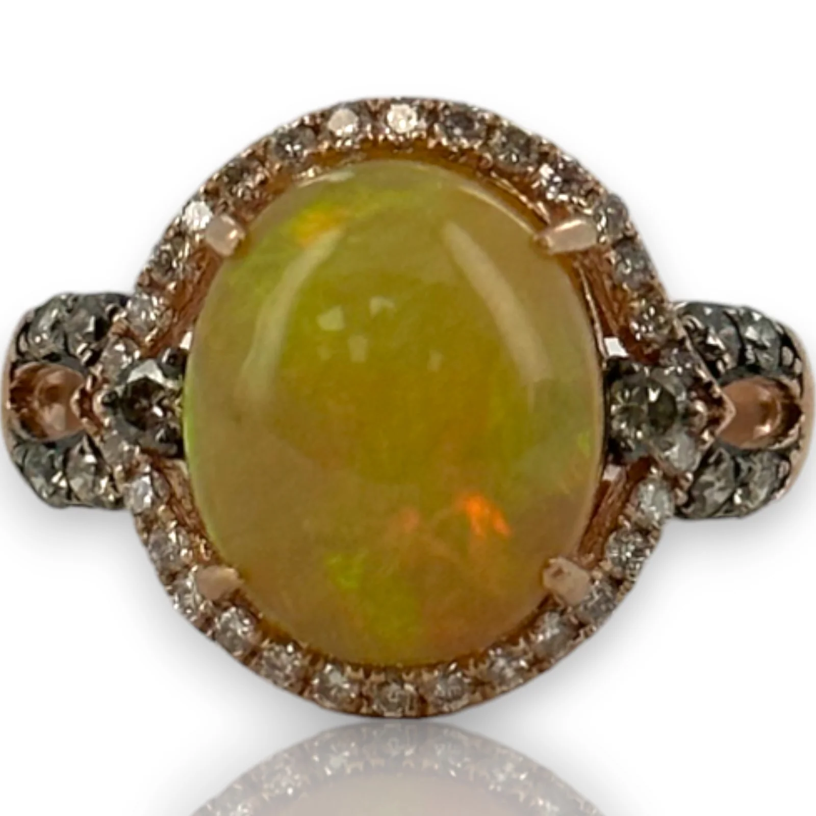 LeVian Solid 14kt Rose Strawberry Gold Ring with Cabochon Fire Opal and Diamond Halo and Accents Size 7