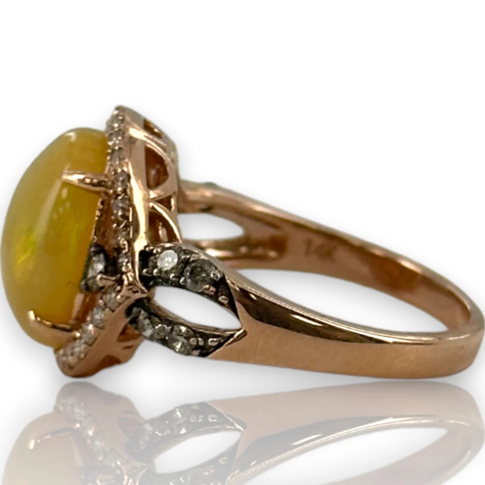 LeVian Solid 14kt Rose Strawberry Gold Ring with Cabochon Fire Opal and Diamond Halo and Accents Size 7 - Image 2