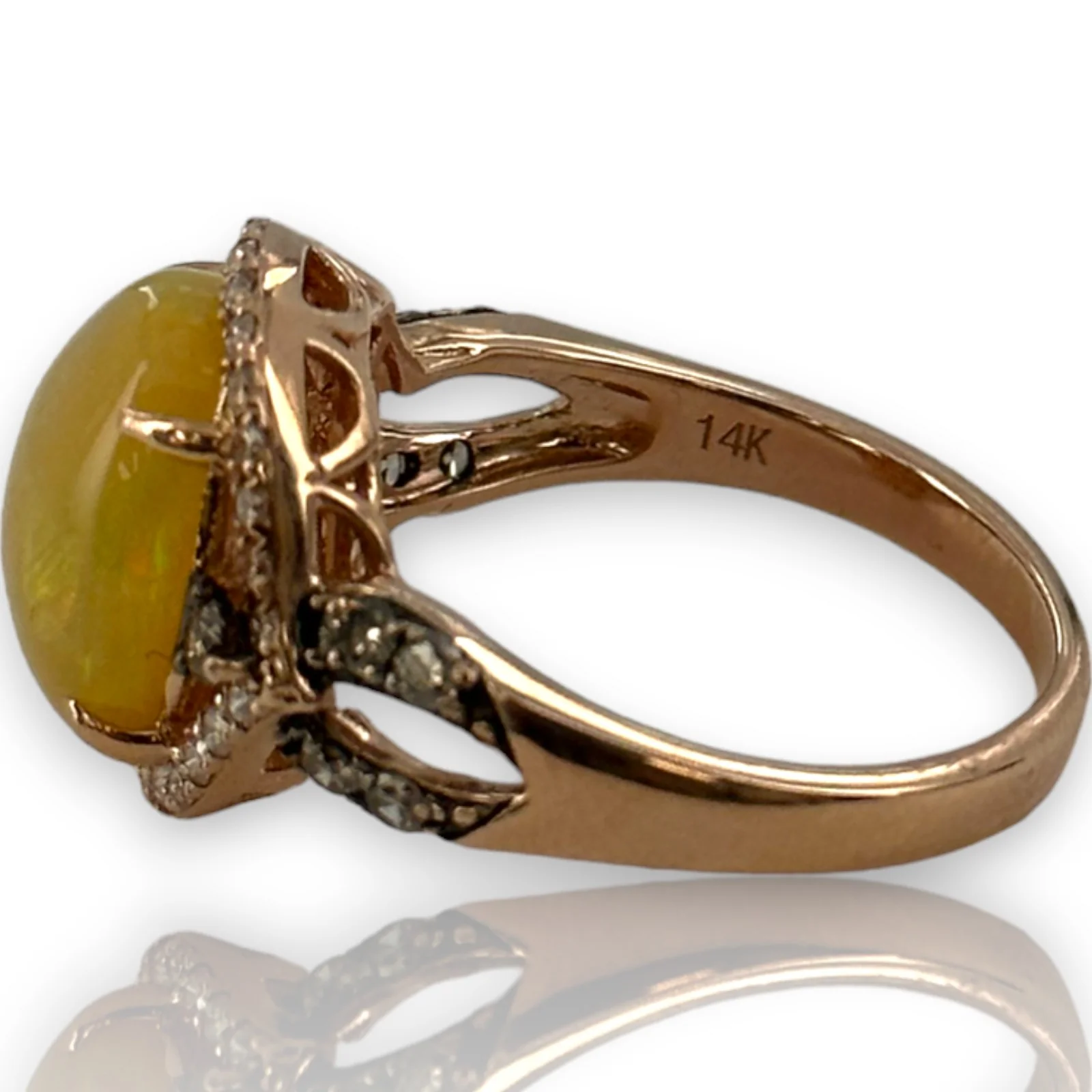 LeVian Solid 14kt Rose Strawberry Gold Ring with Cabochon Fire Opal and Diamond Halo and Accents Size 7 - Image 6