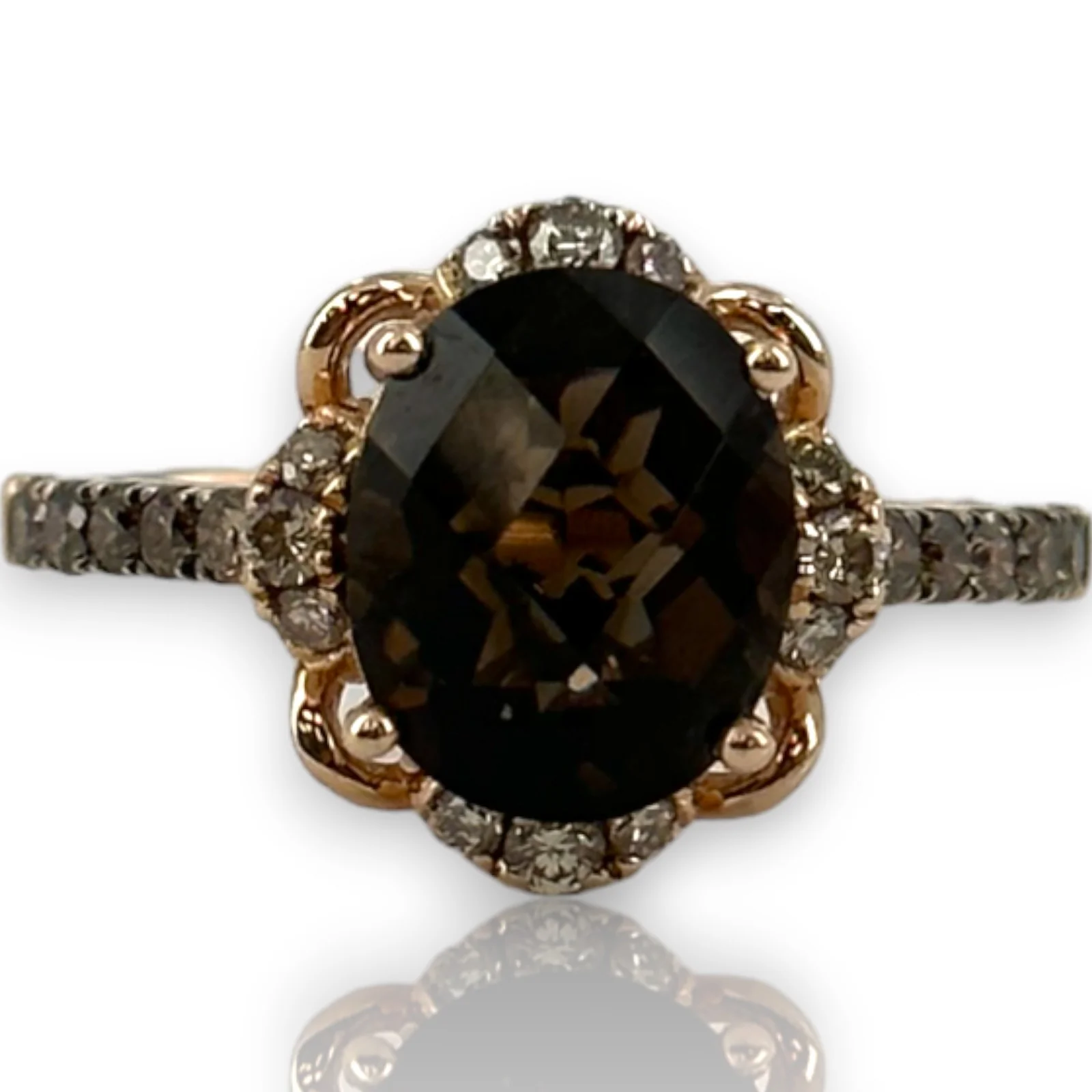 LeVian Solid 14kt Strawberry Rose Gold Ring with Chocolate Smokey Quartz and Diamond Accents Size 6.75 - Image 2