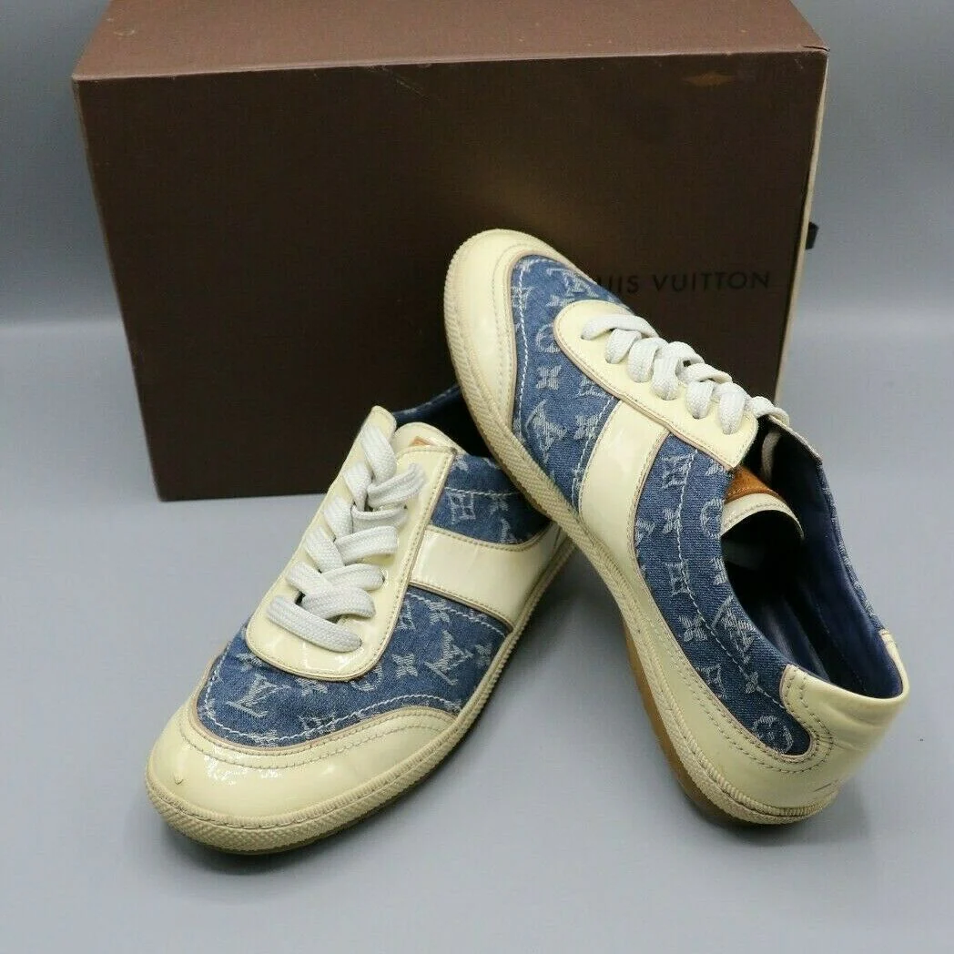 Louis Vuitton Monogram Blue Denim Cream Patent Shoes Sneakers Womens 37.5/7 - Image 4