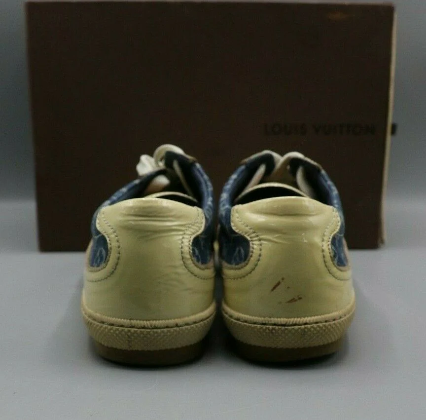 Louis Vuitton Monogram Blue Denim Cream Patent Shoes Sneakers Womens 37.5/7 - Image 5