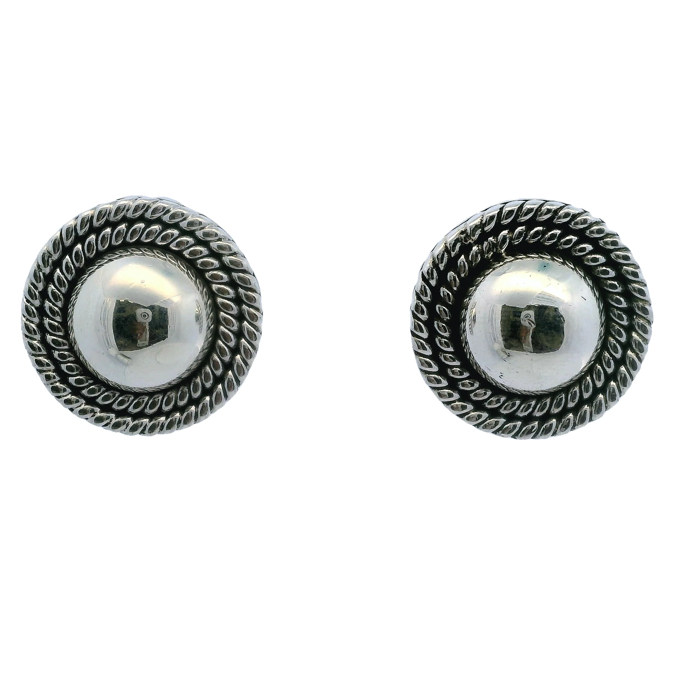 Mexican 925 Sterling Silver Taxco Round Button Rope 22.5mm Stud Earrings - Image 3