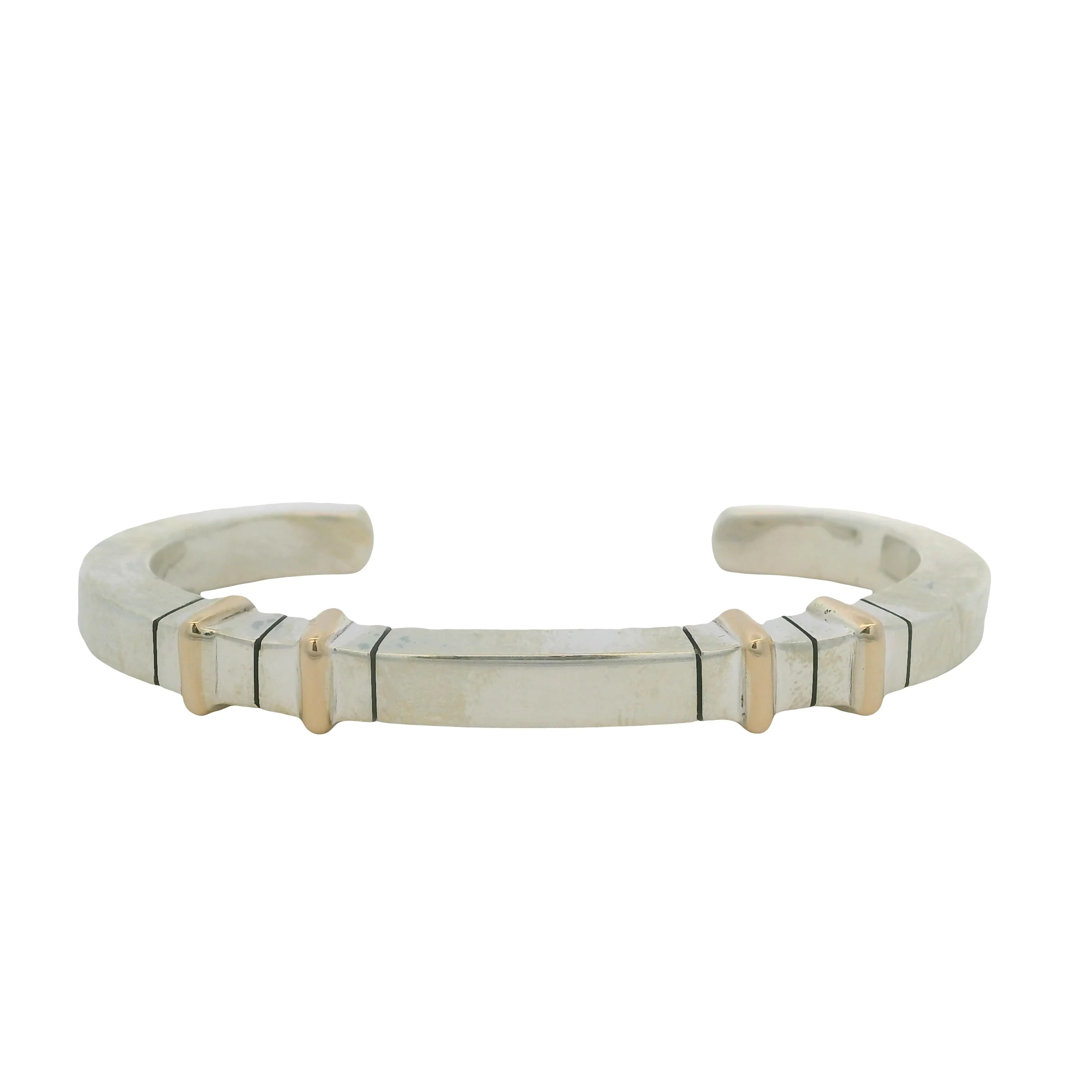 Michel Plumail Solid 925 Sterling Silver Artisan Modernist 4 Gold Bar Accent Cuff Bracelet 6"