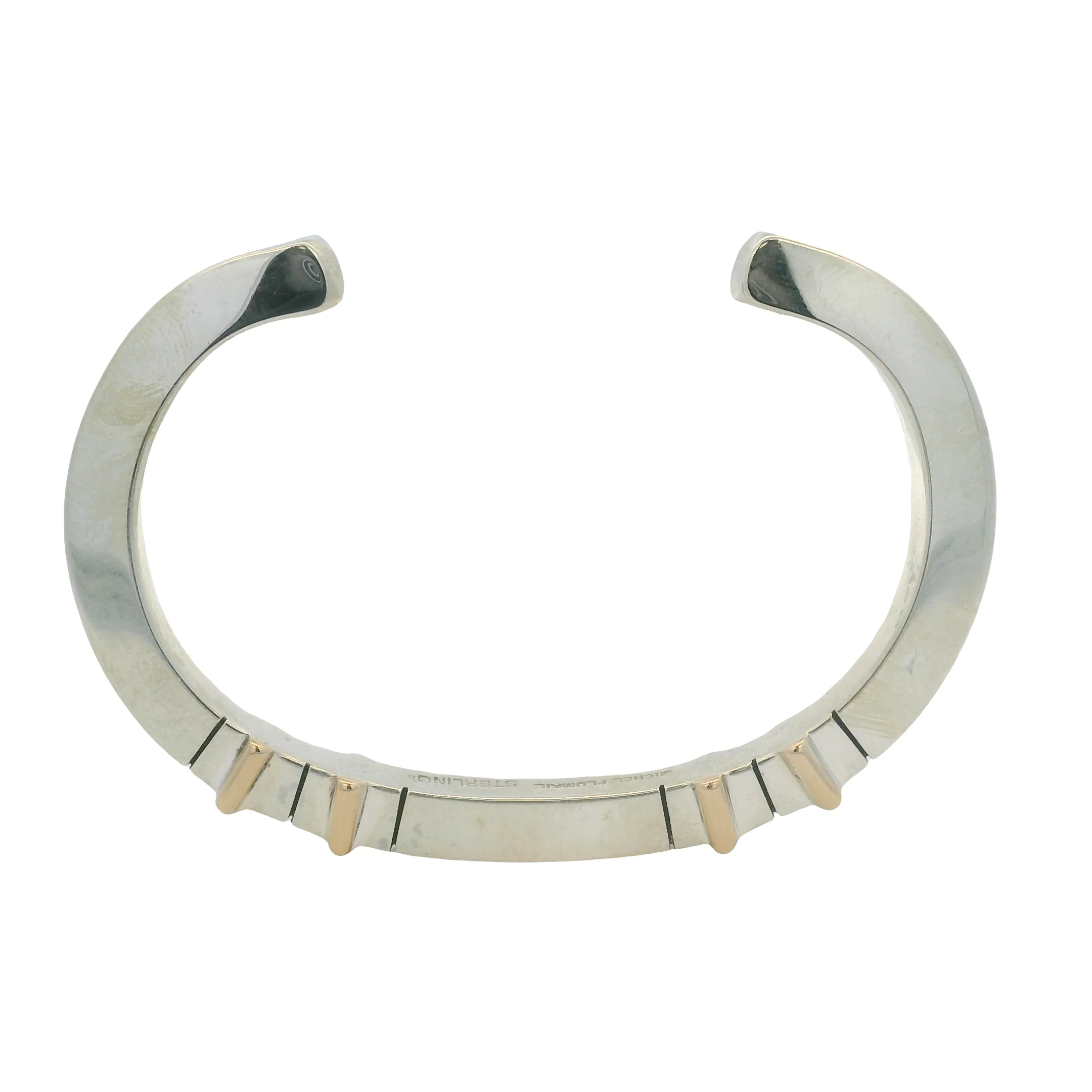 Michel Plumail Solid 925 Sterling Silver Artisan Modernist 4 Gold Bar Accent Cuff Bracelet 6" - Image 5