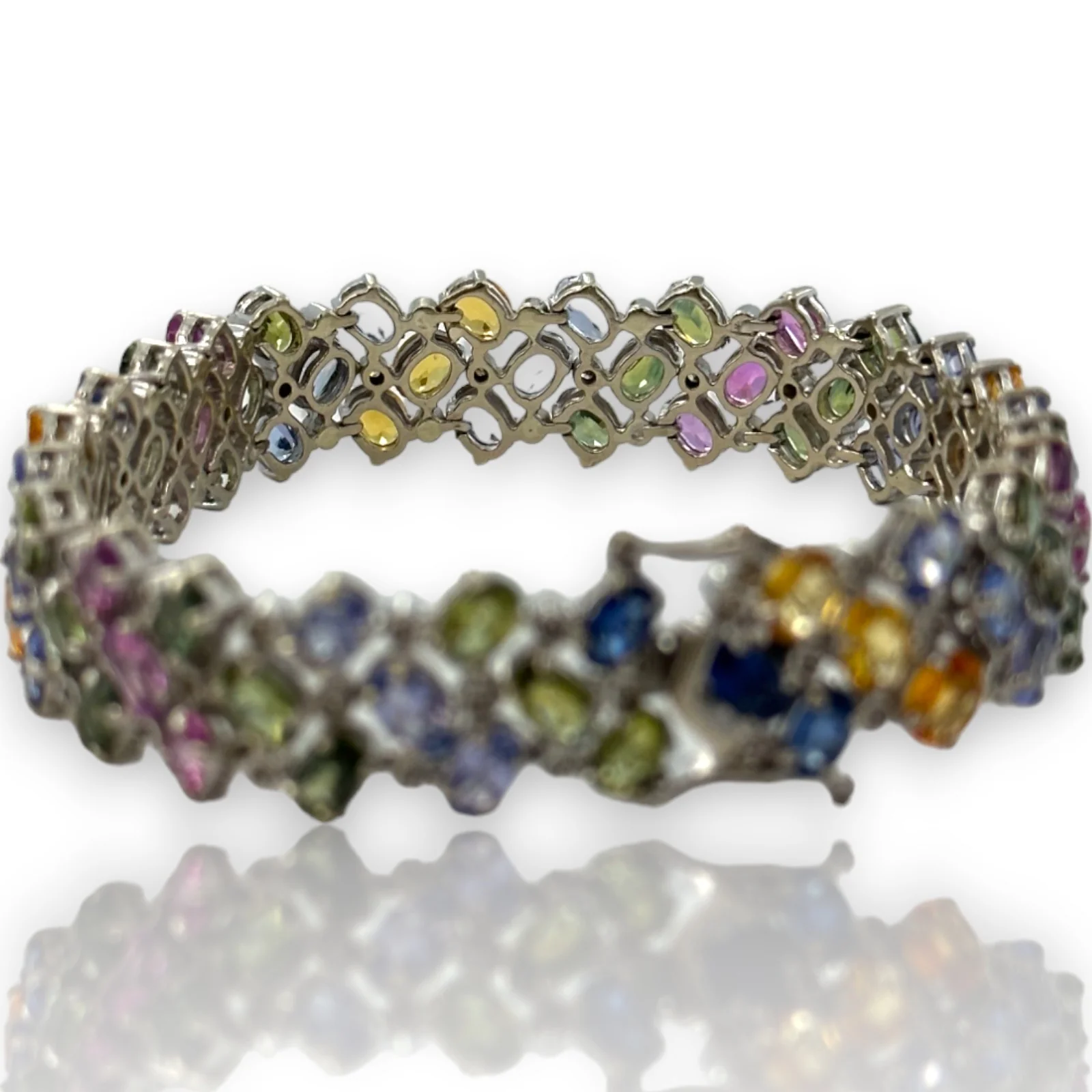 Multi-Color 14ctw Sapphires & Diamonds Wide Tennis Bracelet 14kt White Gold - Image 4