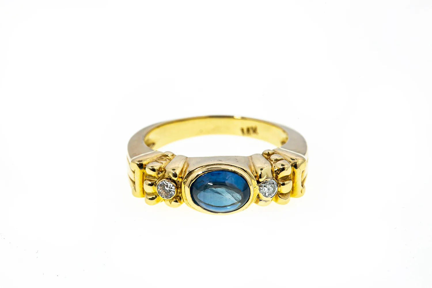 Natural Blue Sapphire & Diamond Accent 14K 585 Yellow Gold Ring Size 6 3/4