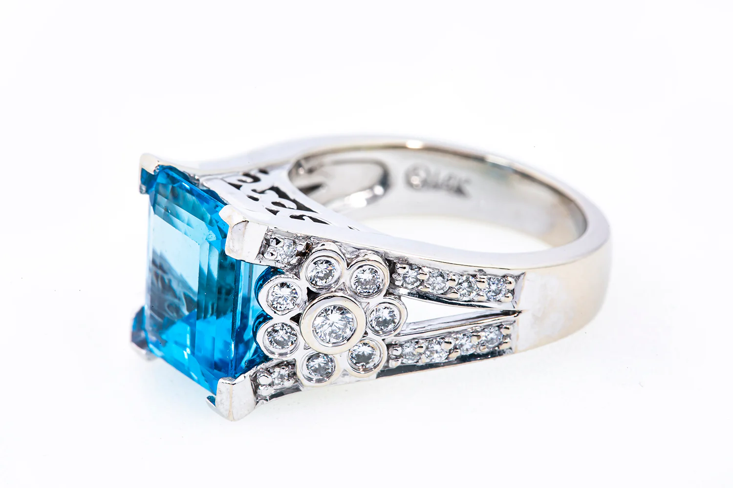 Natural Blue Topaz & Diamond Cathedral 14K 585 White Gold Ring Size 6 1/2 - Image 2