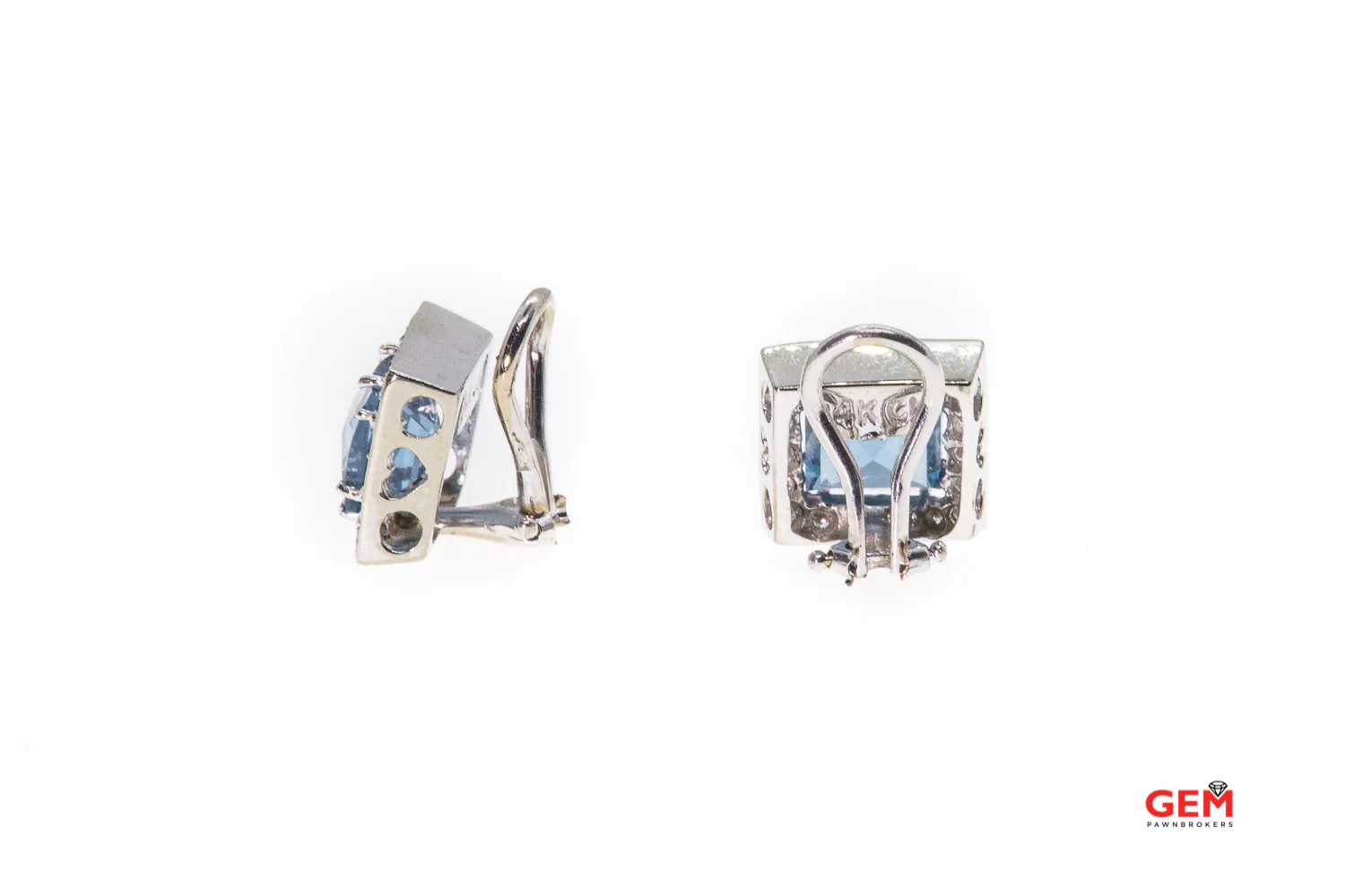 Natural Blue Topaz & Diamond Square Halo 14K 585 White Gold Pair Clip Earrings - Image 2