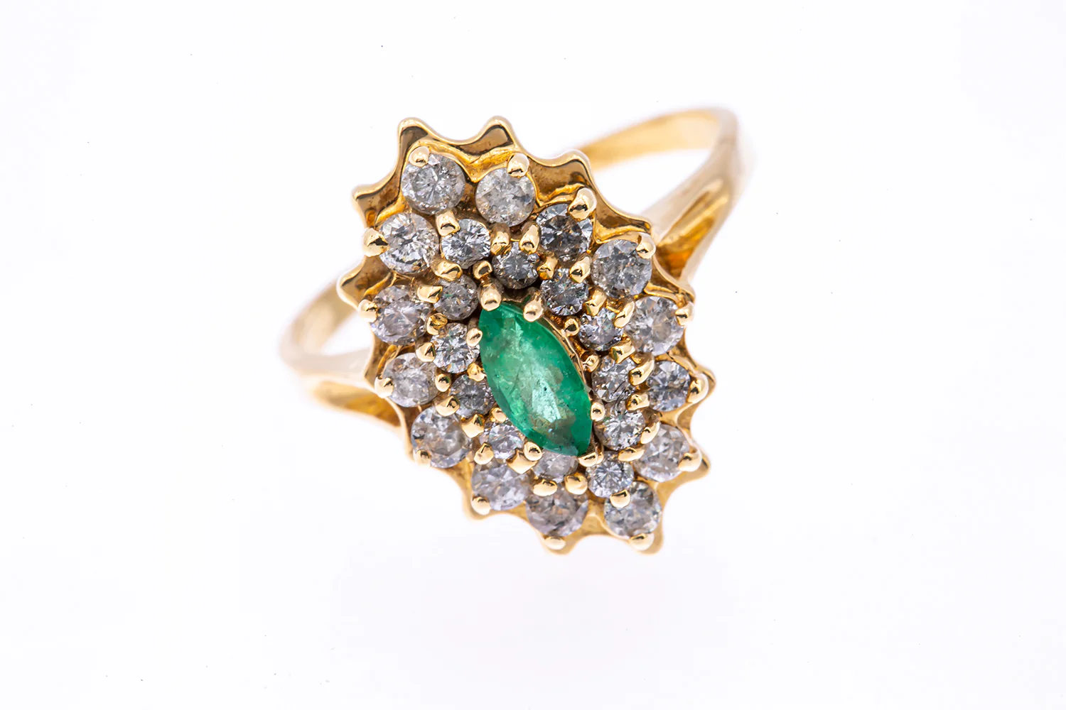 Natural Emerald & Diamond Halo Cluster Cocktail 14K 585 Yellow Gold Ring Size 7 - Image 2