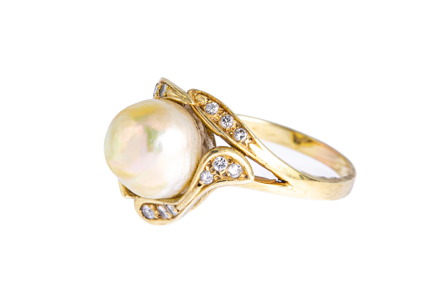 Natural Freshwater Pearl & Diamond Cluster Band 14K 585 Yellow Gold Ring Size 8 - Image 2