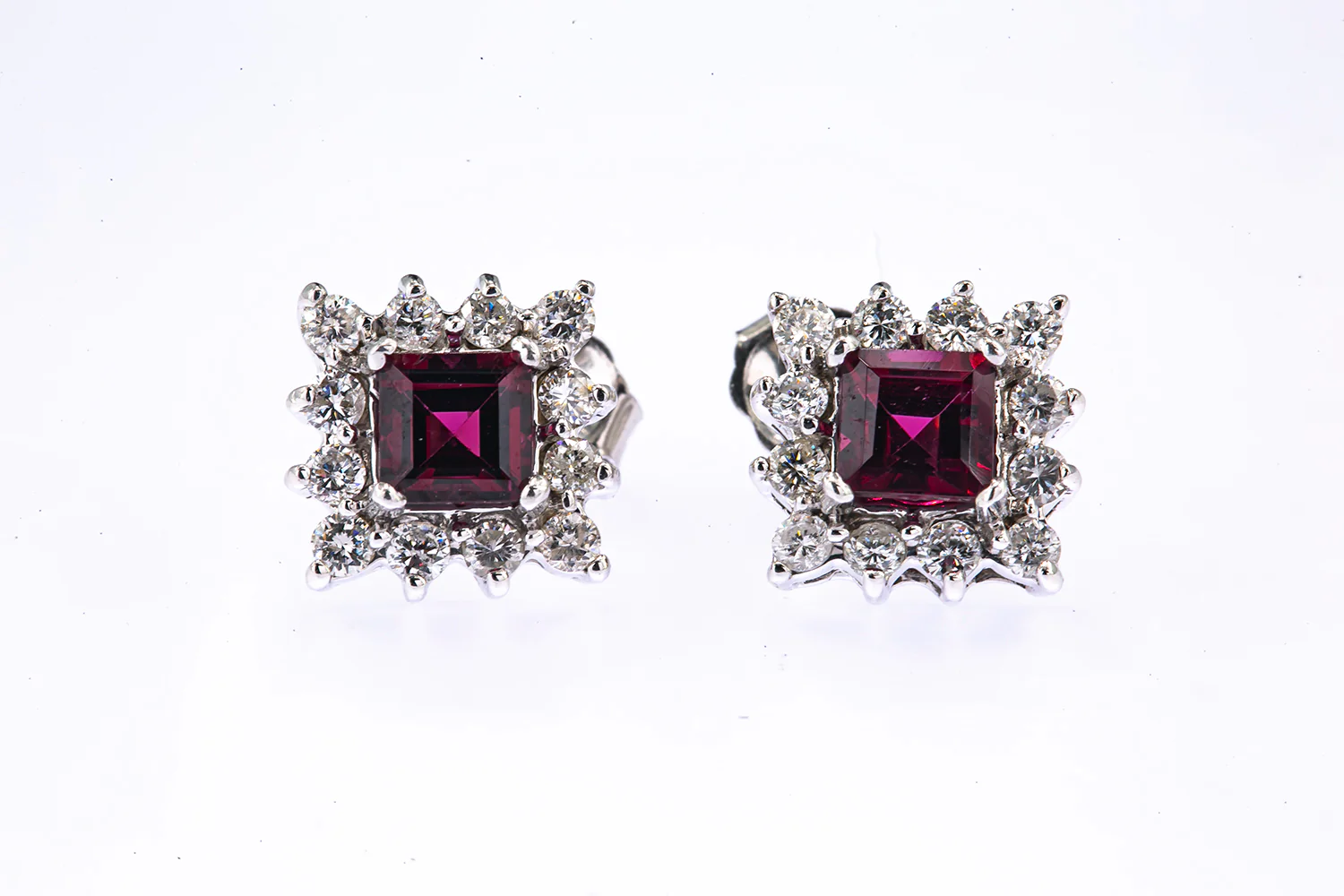 Natural Garnet & Diamond Halo Accent Studs 14K 585 White Gold Pair of Earrings - Image 2