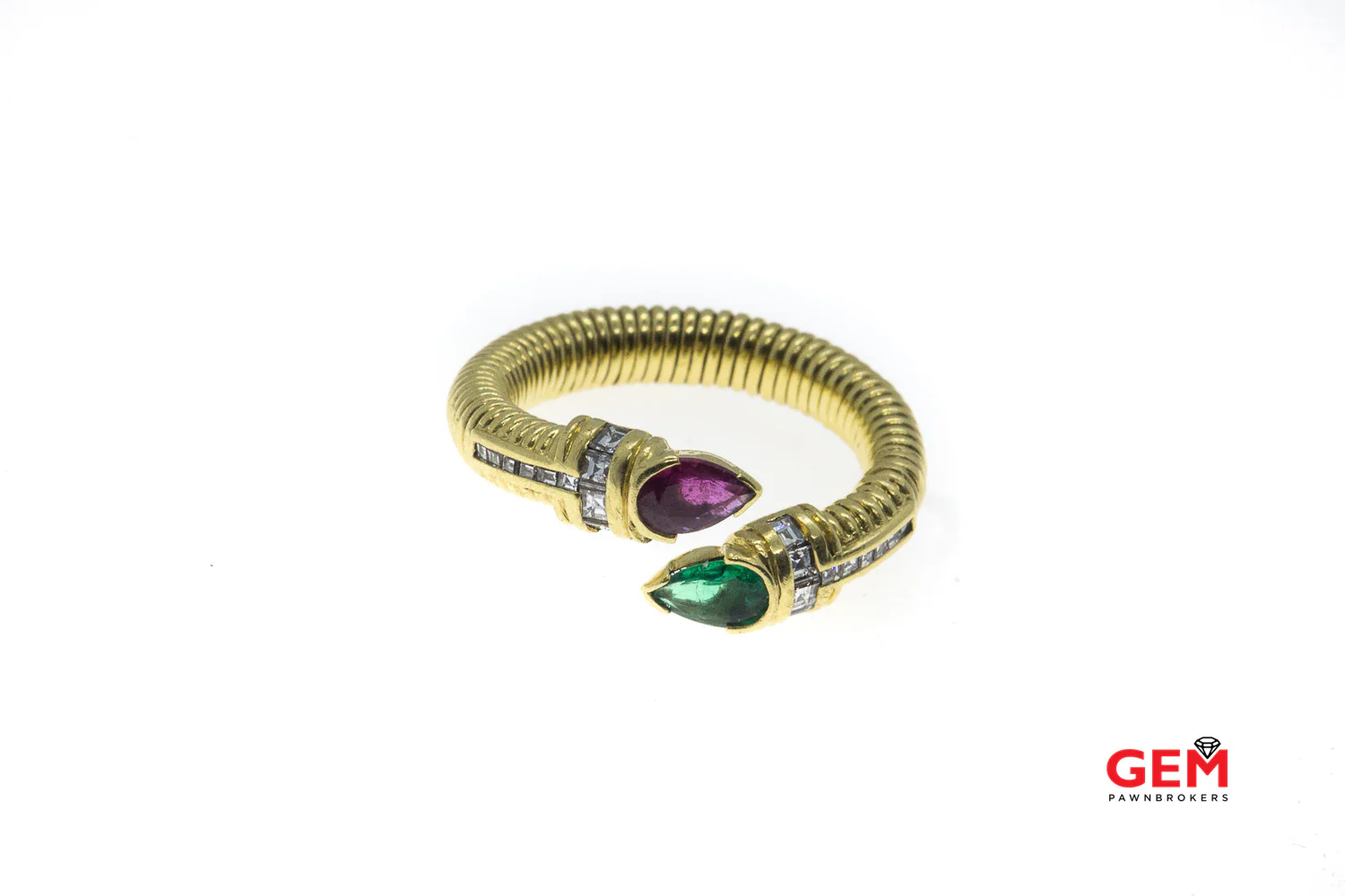 Natural Green Red Tourmaline Asscher Diamond Accent Bypass Wrap Band 18K 750 Yellow Gold Ring Size 8