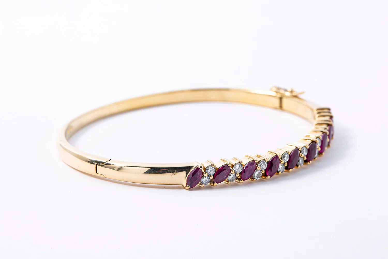 Natural Marquise Ruby & Diamond 18K 750 Yellow Gold Lock Bangle Bracelet - Image 3
