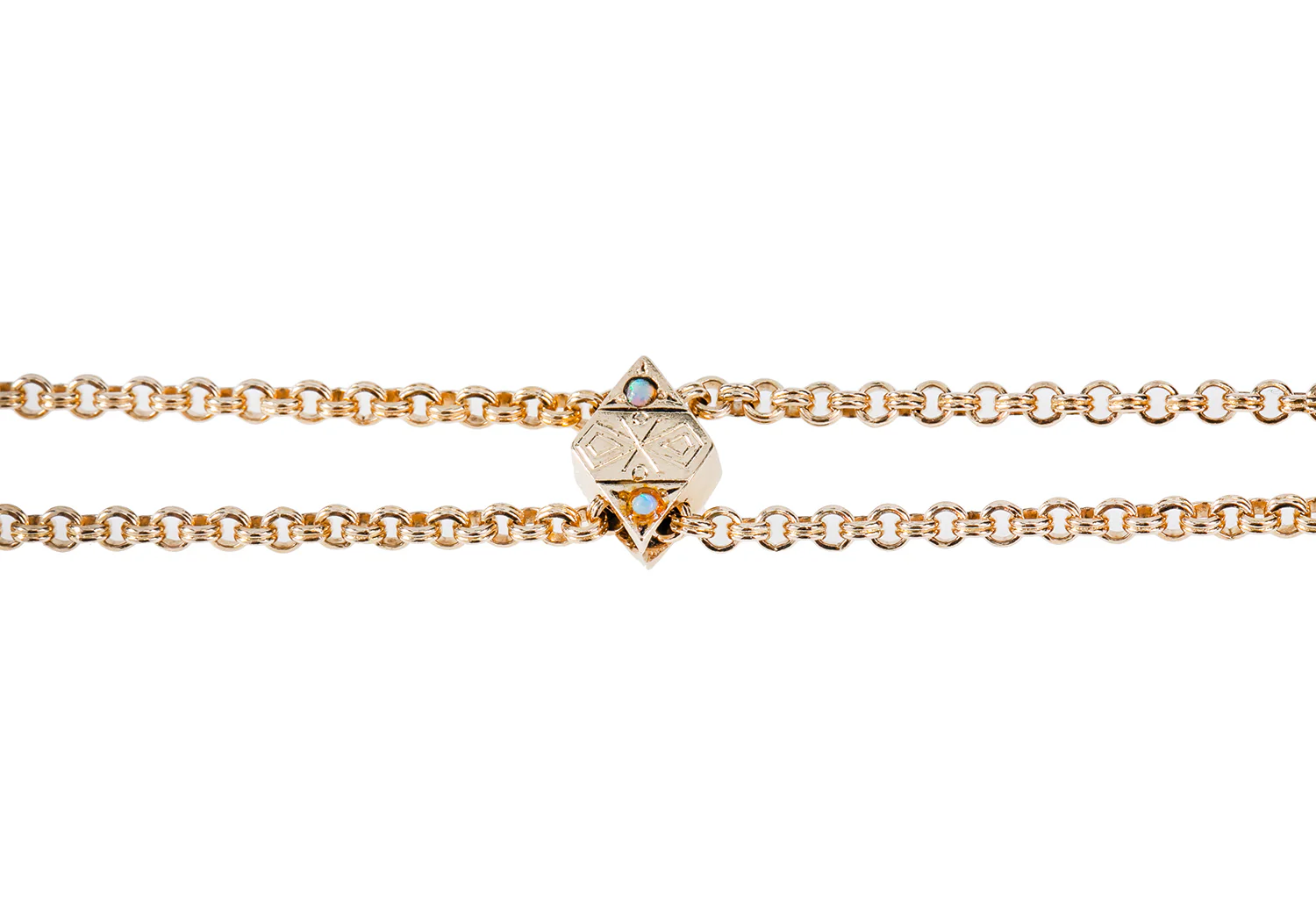 Natural Opal & Carved Parallel Double Link Chain 10K 417 Yellow Gold Necklace - Image 3